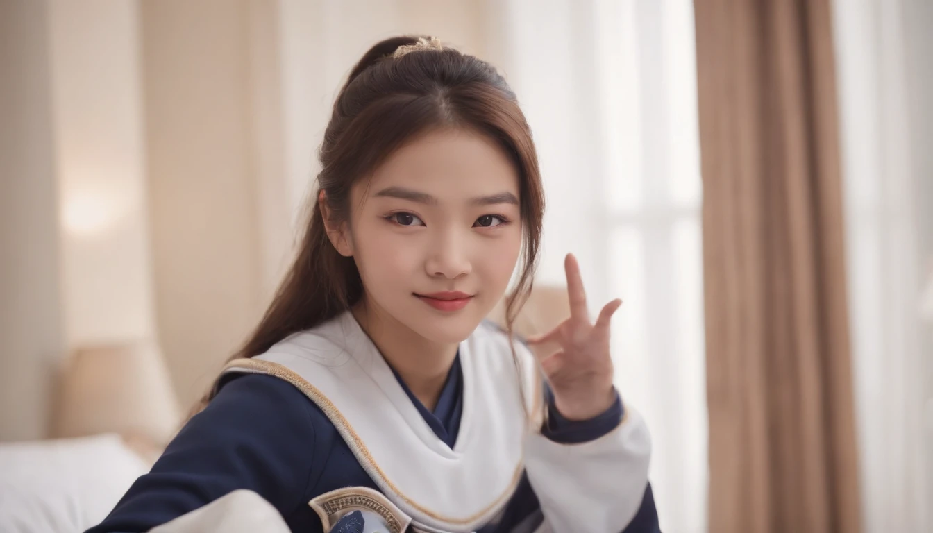 18-year-old woman,Asian,looking a viewer, slight smile, Cheerleader Uniform, Bedroom in the house, taking selfies,no hands,