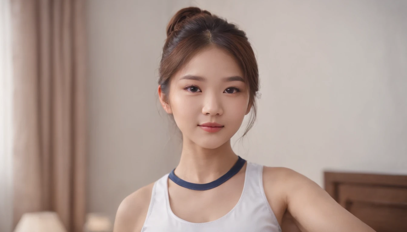 18-year-old woman,Asian,looking a viewer, slight smile, Cheerleader Uniform, Bedroom in the house, taking selfies,no hands,
