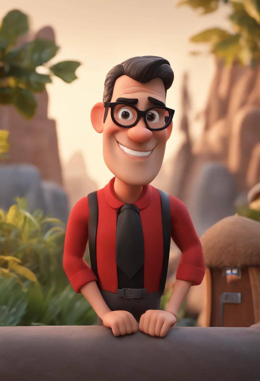 Cartoon character of a man with gray glasses and a red and black shirt with a white stripe, segurando um martelo e um alicate, animation character, Caractere estilizado, animation style rendering, 3D estilizado, Henri Cavill, 3 d render stylized, toon render keyshot, Personagem 3D, Personagem 3D, 3d rendering stylized, 3 d character render, personagem de desenho animado, Personagem de close up, Pose de personagem, (Estilo Pixar) (master part:1.2) (Bokeh) (melhor qualidade) (pele detalhada) (textura detalhada) (8k) (argila) (Cinematic lighting) (foco nítido