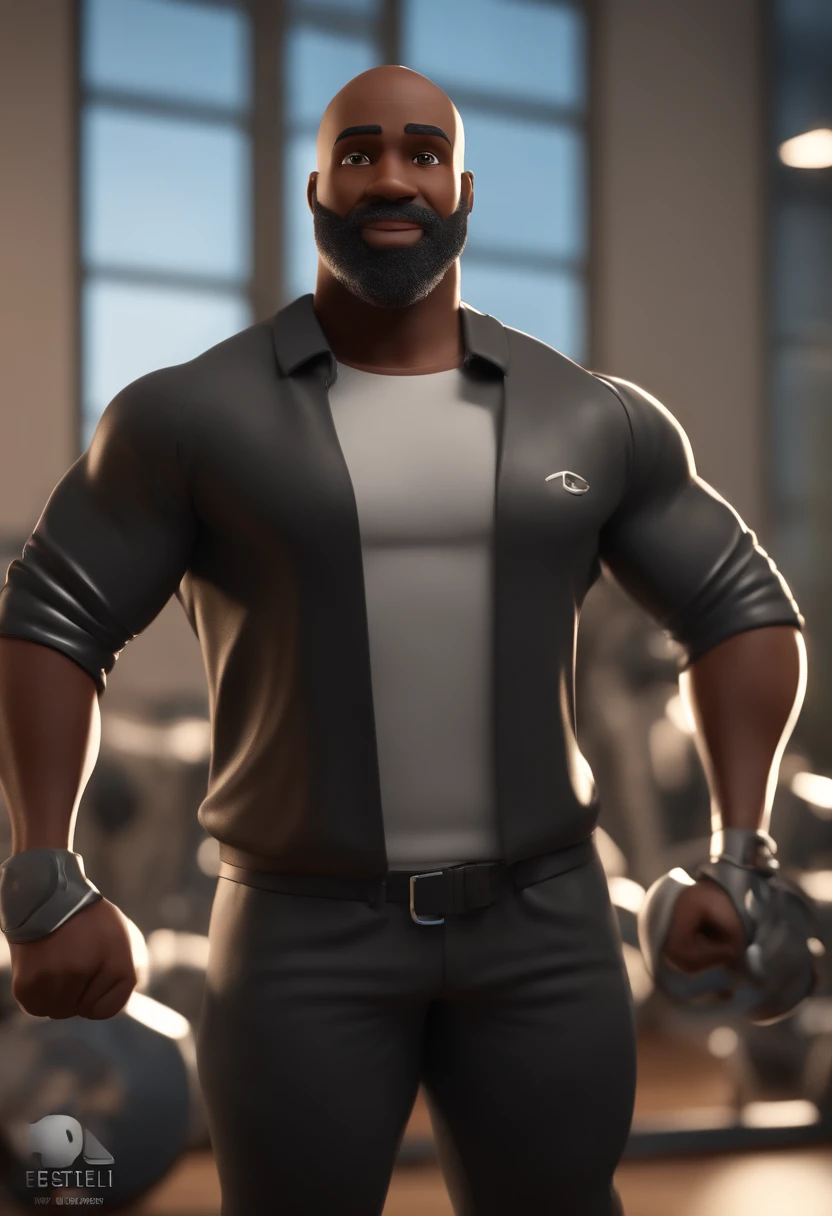 Cartoon character of a black man in the gym with a shaved head and a big gray closed beard, camisa preta, animation character, Caractere estilizado, animation style rendering, 3D estilizado, Arnold Maya render, 3 d render stylized, toon render keyshot, Personagem 3D, Personagem 3D, 3d rendering stylized, 3 d character render, personagem de desenho animado, Personagem de close up, Pose de personagem, (Estilo Pixar) (master part:1.2) (Bokeh) (best quality) (pele detalhada) (textura detalhada) (8k) (argila) (Cinematic lighting) (foco nítido)