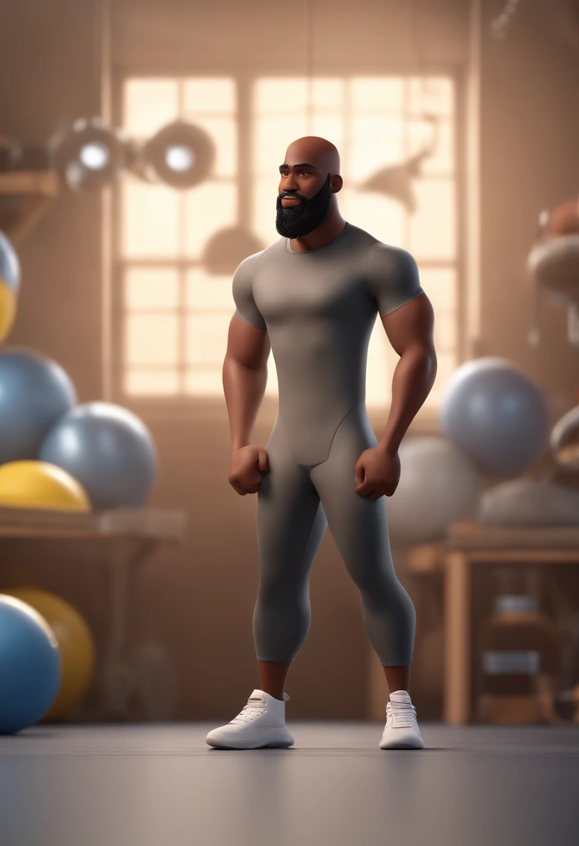 Cartoon character of a black man in the gym with a shaved head and a big gray closed beard, camisa preta, animation character, Caractere estilizado, animation style rendering, 3D estilizado, Arnold Maya render, 3 d render stylized, toon render keyshot, Personagem 3D, Personagem 3D, 3d rendering stylized, 3 d character render, personagem de desenho animado, Personagem de close up, Pose de personagem,  (Estilo Pixar) (master part:1.2) (Bokeh) (best quality) (pele detalhada) (textura detalhada) (8k) (argila) (Cinematic lighting) (foco nítido)