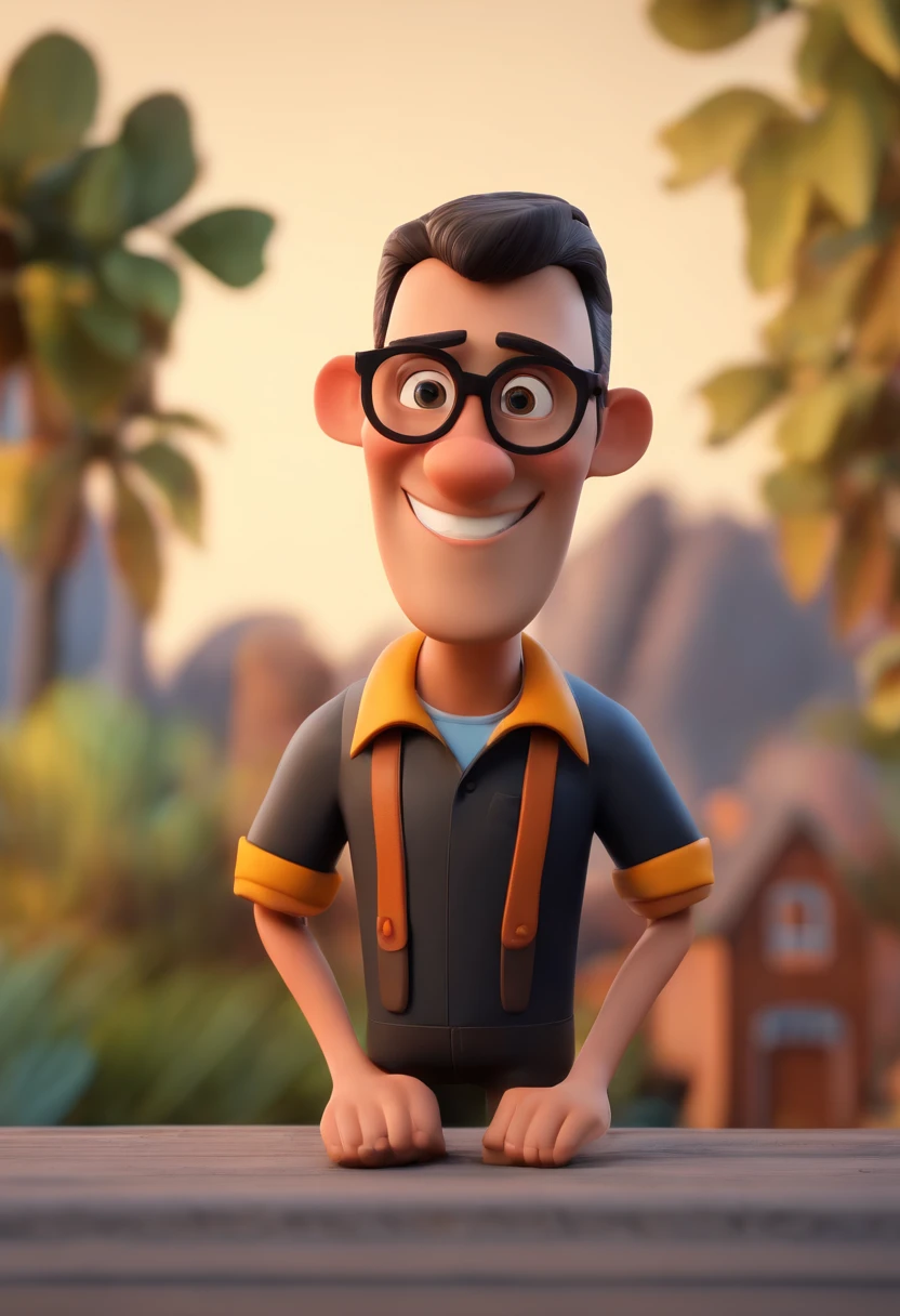 Cartoon character of a man wearing black glasses and a blue shirt, um personagem animado, Caractere estilizado, animation style rendering, 3D estilizado, Arnold Maya render, 3 d render stylized, toon render keyshot, Personagem 3D, Personagem 3D, 3d rendering stylized, 3 d character render, personagem de desenho animado, Personagem de close up, Pose de personagem, (Estilo Pixar) (master part:1.2) (Bokeh) (best quality) (pele detalhada) (textura detalhada) (8k) (argila) (Cinematic lighting) (foco nítido,Senta e vaza a parte superior do corpo