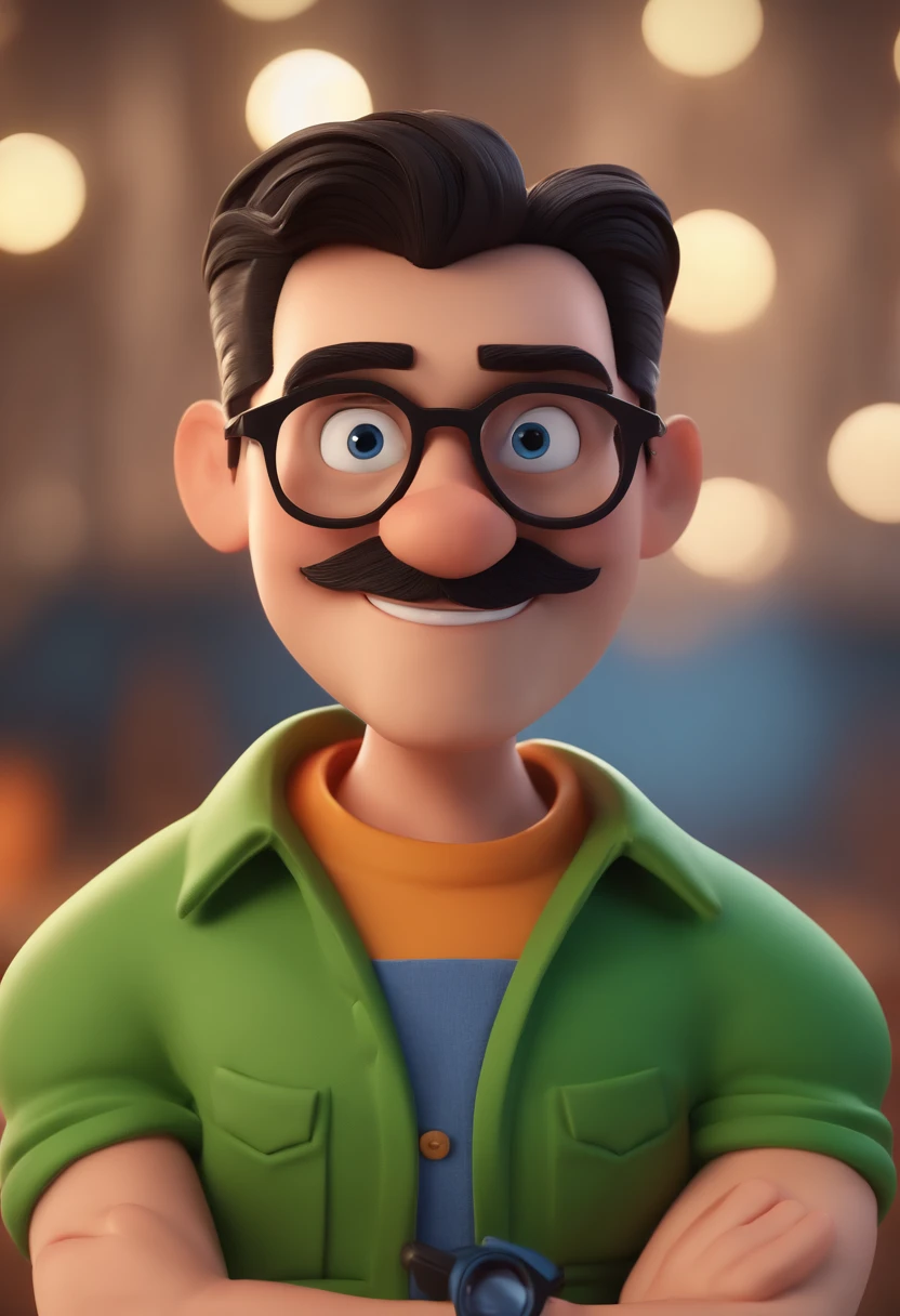 Cartoon character of a man with black glasses and a blue shirt, animation character, Caractere estilizado, animation style rendering, 3D estilizado, Arnold Maya render, 3 d render stylized, toon render keyshot, Personagem 3D, Personagem 3D, 3d rendering stylized, 3 d character render, personagem de desenho animado, Personagem de close up, Pose de personagem,  (Estilo Pixar) (master part:1.2) (Bokeh) (best quality) (pele detalhada) (textura detalhada) (8k) (argila) (Cinematic lighting) (foco nítido