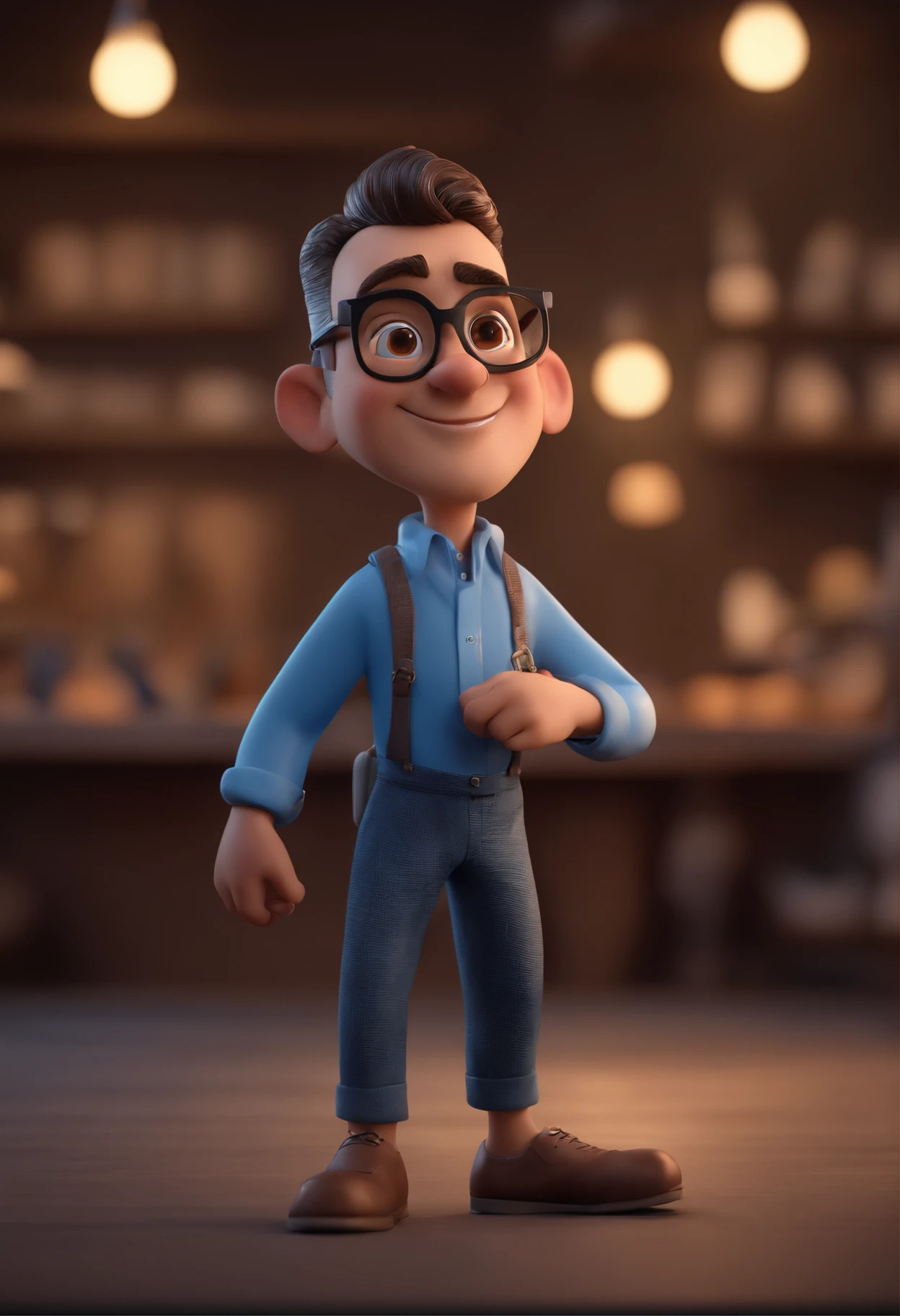 Cartoon character of a man with black glasses and a blue shirt, animation character, Caractere estilizado, animation style rendering, 3D estilizado, Arnold Maya render, 3 d render stylized, toon render keyshot, Personagem 3D, Personagem 3D, 3d rendering stylized, 3 d character render, personagem de desenho animado, Personagem de close up, Pose de personagem, (Estilo Pixar) (master part:1.2) (Bokeh) (best quality) (pele detalhada) (textura detalhada) (8k) (argila) (Cinematic lighting) (foco nítido
