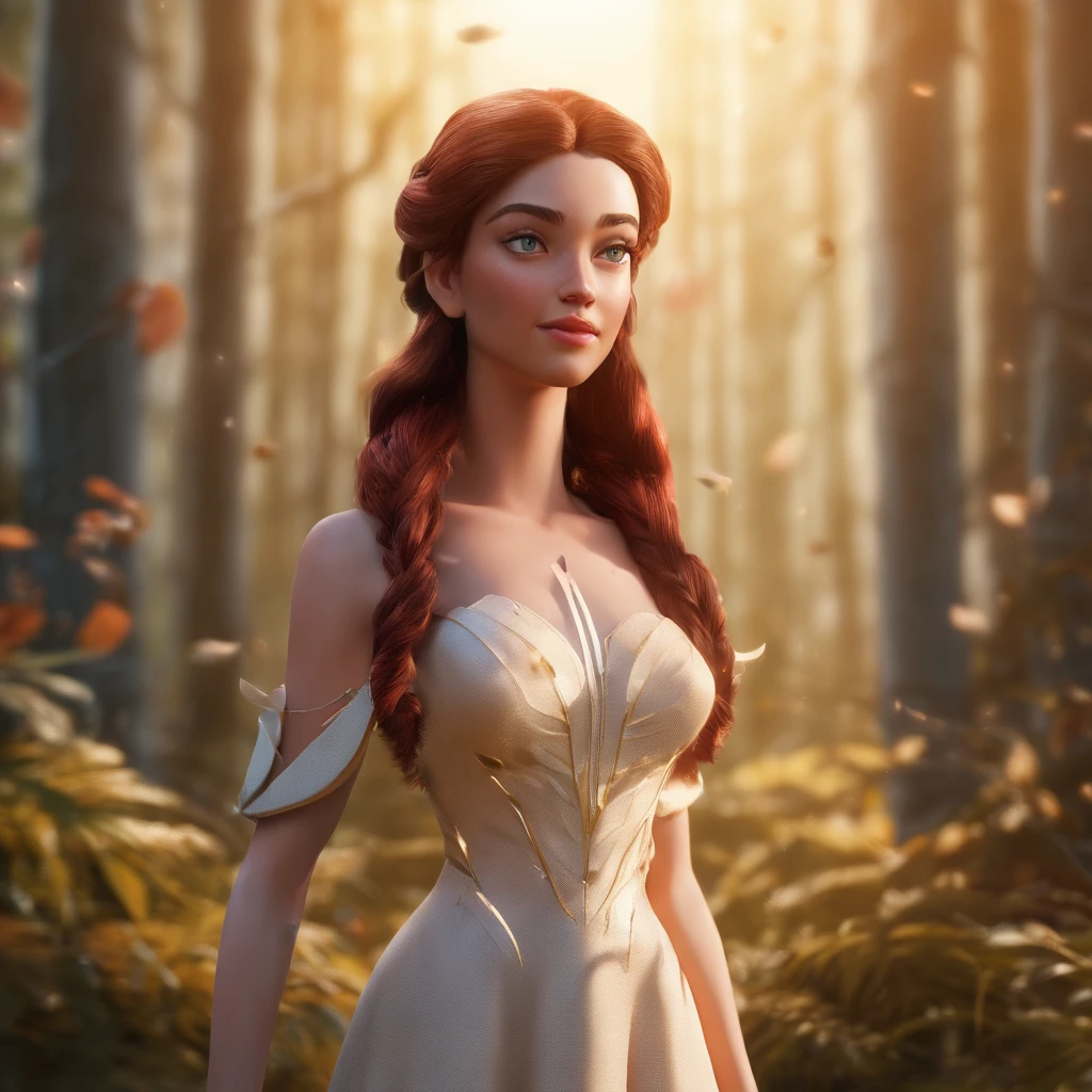Uma deslumbrante com longos cabelos brancos, pele clara, e olhos vermelhos, in a forest with cinematic lighting, escuro e pouco iluminado. She is wearing a white dress with golden tones, seus olhos focados, Looking at the Viewer. Her skin is fair, his delicate and flawless face, uma obra-prima, uma obra de arte da mais alta qualidade. The image is an incredibly detailed 8K CG wallpaper, with artistic cinematic lighting and film tones with a neutral filter.
