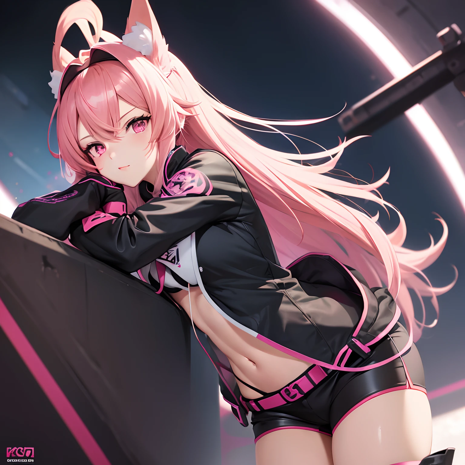Anime girl with pink hair and black shorts, Holding a helmet, best anime 4k konachan wallpaper, winning, azur lane style, badass anime 8 k, fox pink ears,pink eyes,higly detailed,high detailed eyes, Correct anatomy,seductive position