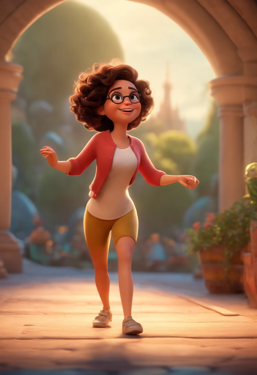 Pixar style image with 3D character white glasses brunette woman short curly hair dancing, Maquiagem Disney,Pescador, bonitinho, sorridente ,Close-up, Pixar, Disney, Cinema lighting,