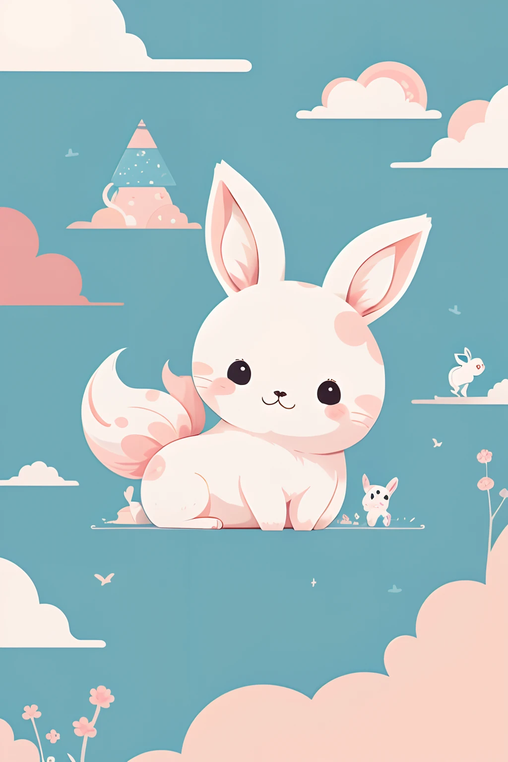 There's a lot of rabbits that are together in the sky, coelhos, Soft anime illustration, papel de parede!, arte digital bonito, nuvens fofas inchadas, Dreaming of Electric Rabbits, arte digital detalhada bonito, Rainbow bunnies like cotton candy, arte fofa, sonho animal bonito olhos, fofo!!!, Papel de parede aconchegante, kawaii aesthetic, sentado em uma nuvem fofa, cute illustration, Felpudo!!!