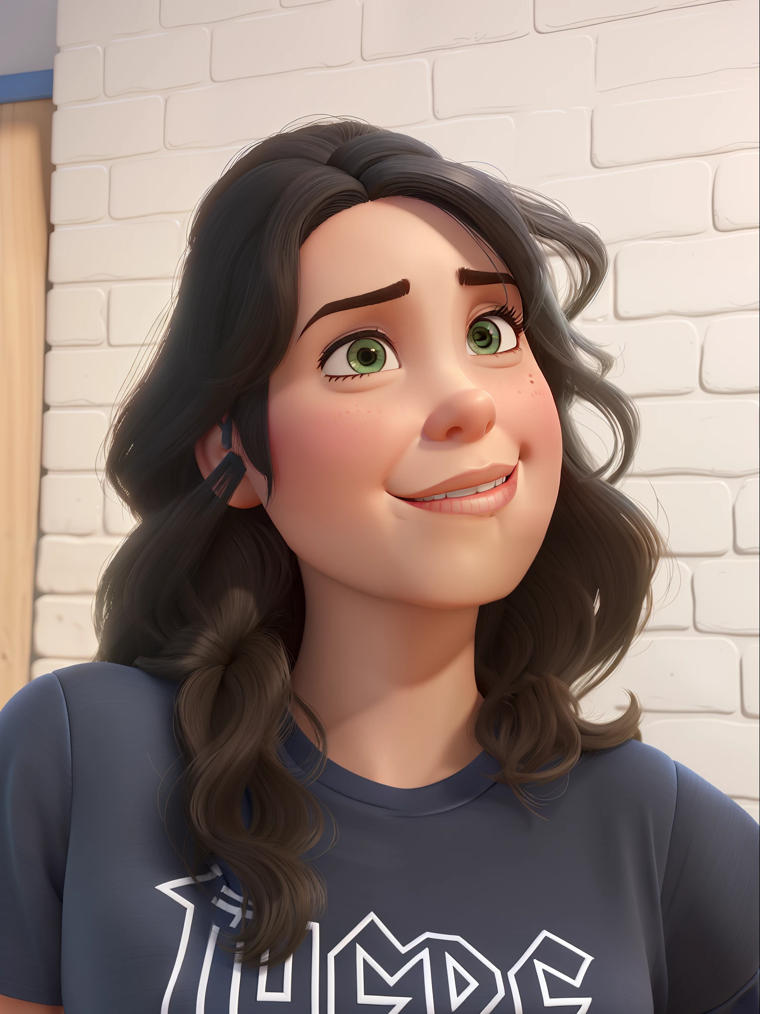 Uma mulher magra, adulta, confiante, com cabelo despojado, caracteristicas magras e realistas, camiseta cinza estilo disney pixar toy story filme, alta qualidade