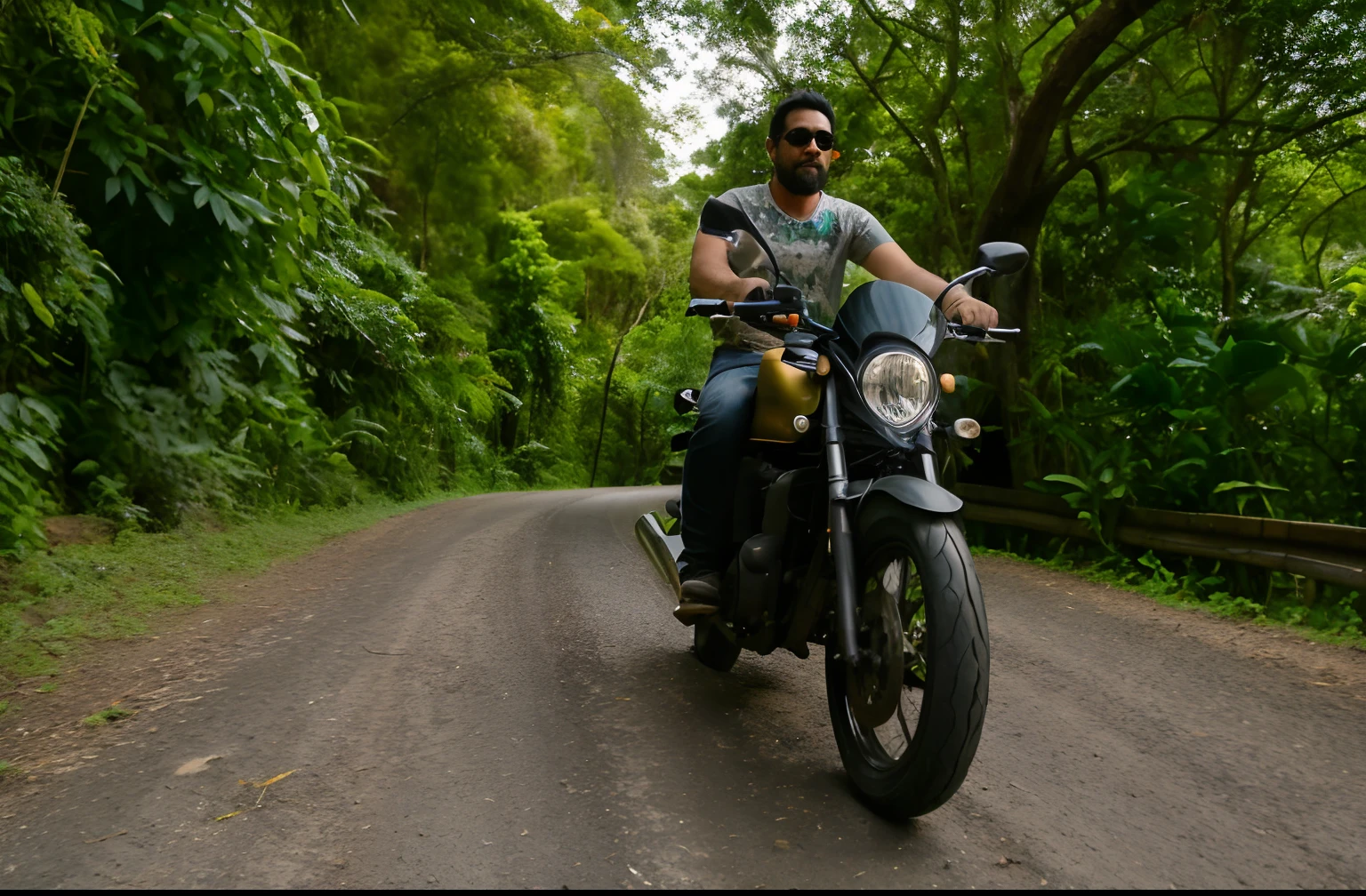 Pixar Disney quality quality a man riding a motorcycle for naturalness a brunette man with a beard black hair on top of a motorcycleThere is a man riding a motorcycle down a road in the woods, Andar na estrada, andar de moto, andar de moto por uma rua, pilotando uma motocicleta, em uma estrada, sentado em uma motocicleta, horseback riding, Retrato no meio da foto, papel de parede!, Sri Lanka Mad Max Estilo, retrato!!, wide angle dynamic action shot, Tiro com Sigma F/ 4.2
