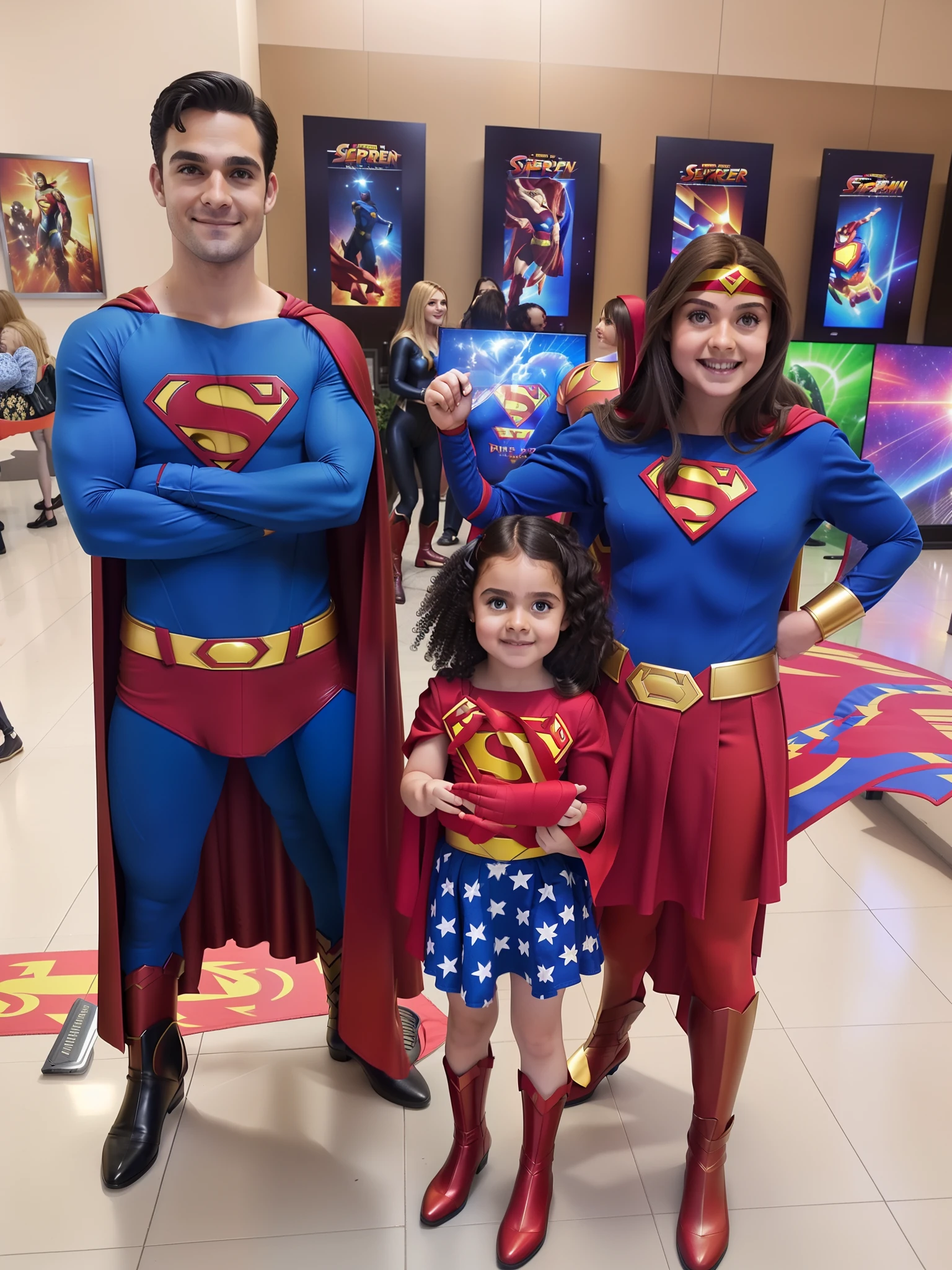 Araffes and a woman in Superman costumes with a child, Super heroes, super herois, superhero movie, puerto rican super hero, wearing hero costume, Super-homem, Traje do Superman, vestida como mulher maravilha, Estilo DC Comics, super-hero girl, Super poderes, super hero, publicity cosplay, posing like a superhero, com dois personagens, super hero costume