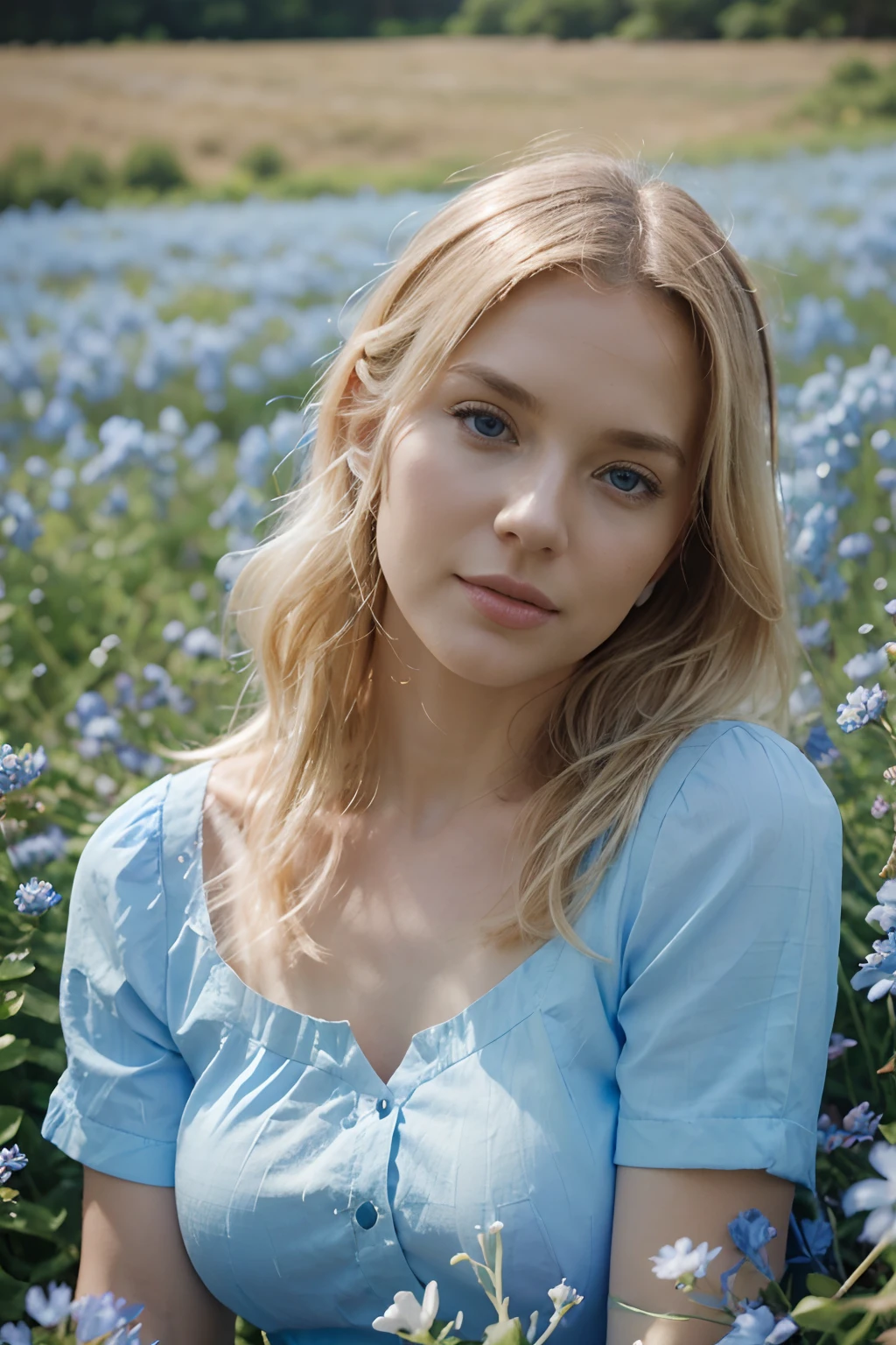 A beautiful blonde woman in her 30s dressed in light blue in a field of blue and white flowers. The image is incredibly detailed, professional and realistic. It was taken with a Sony AIV camera --ar 2:3** -
