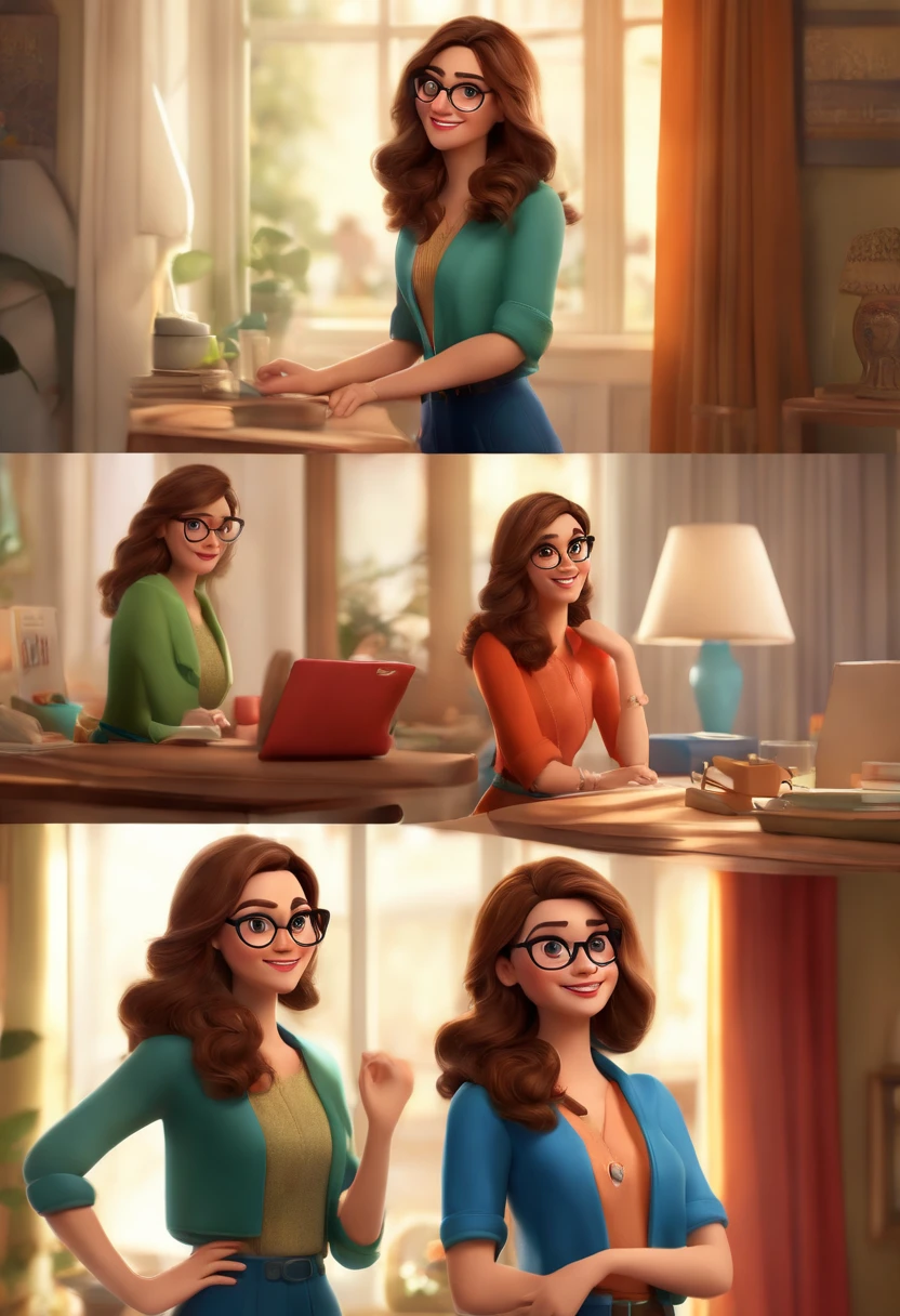 "(best quality, ultra-detailed, realistic: 1.37), 3d rendering, illustration, character design, straight brown hair, beautiful detailed eyes, wearing glasses, Pixar style, brunette woman, arranging a Disney-style wardrobe, lively atmosphere, vivid colors, joyful expression"