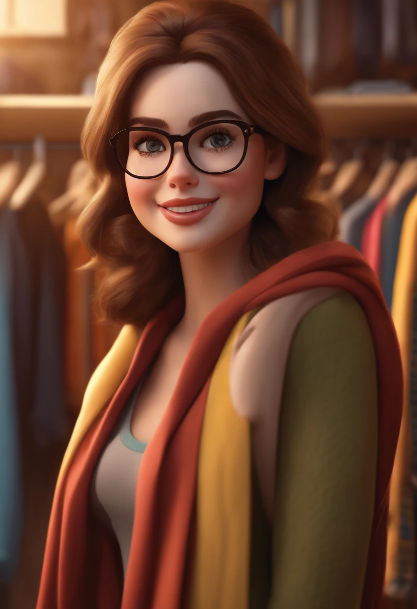 "(best quality, ultra-detailed, realistic: 1.37), 3d rendering, illustration, character design, straight brown hair, beautiful detailed eyes, wearing glasses, Pixar style, brunette woman, arranging a Disney-style wardrobe, lively atmosphere, vivid colors, joyful expression"