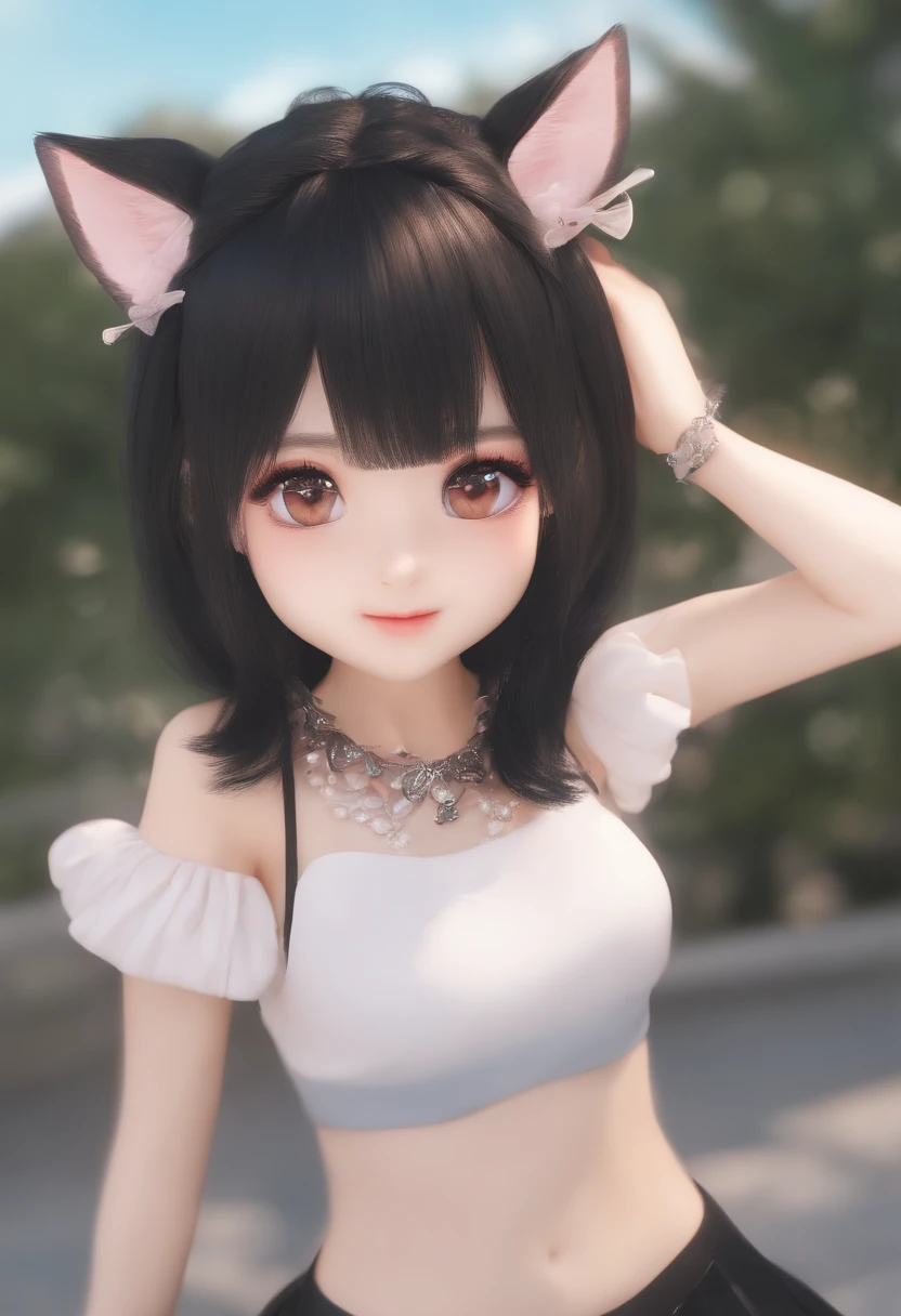 black hair, hair bobbles, wince, longeyelashes, solid circle eyes, fake animal ears, light smile, ear blush, fang, Surrealism, drop shadow, anaglyph, stereogram, tachi-e, pov, atmospheric perspective, 8k, super detail, ccurate, best quality