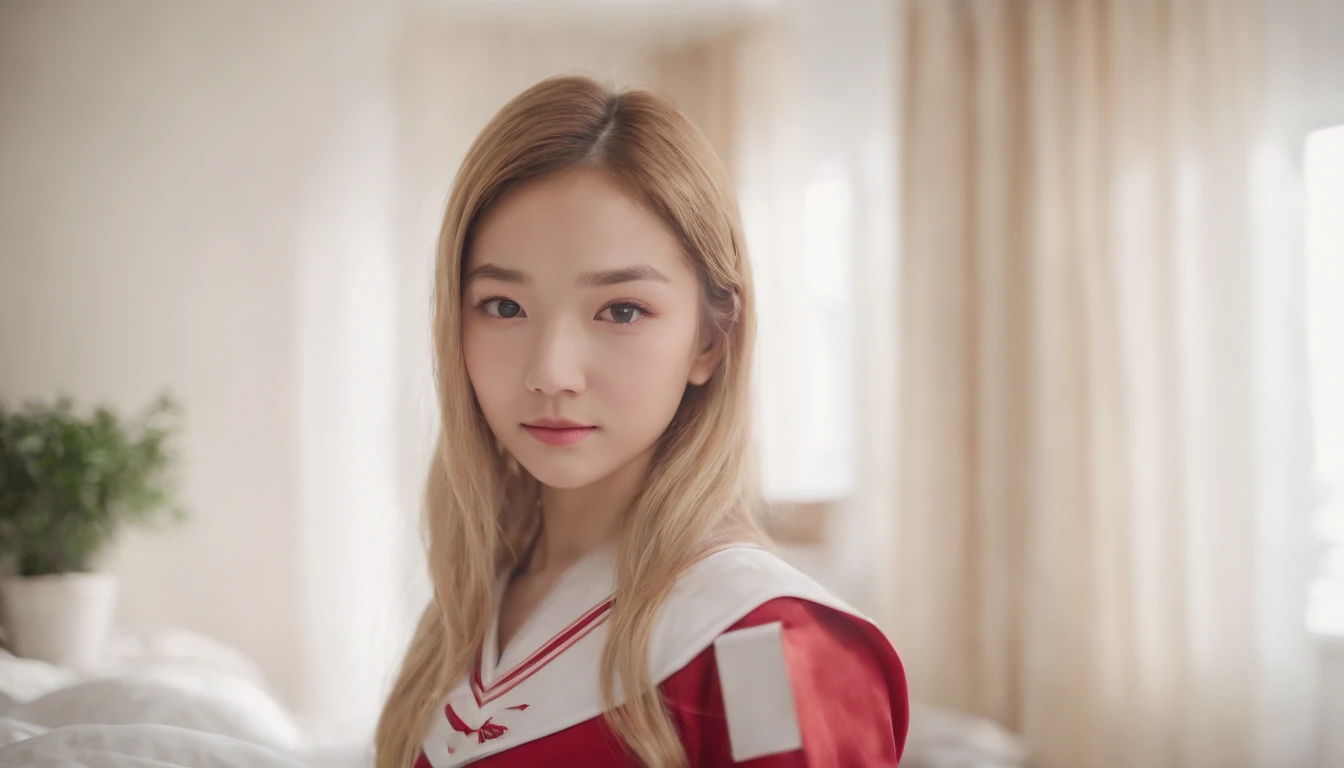 18-year-old woman,Asian,looking a viewer, slight smile, Cheerleader Uniform, Bedroom in the house, taking selfies, only head, blond hair,
