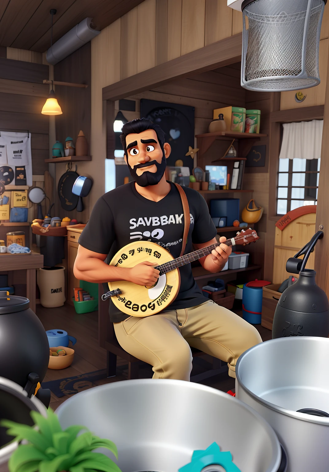 Um homem de cabelo preto, barba preta, tocando banjo numa roda de samba com uma camiseta preta escrito SAMBA ENREDO