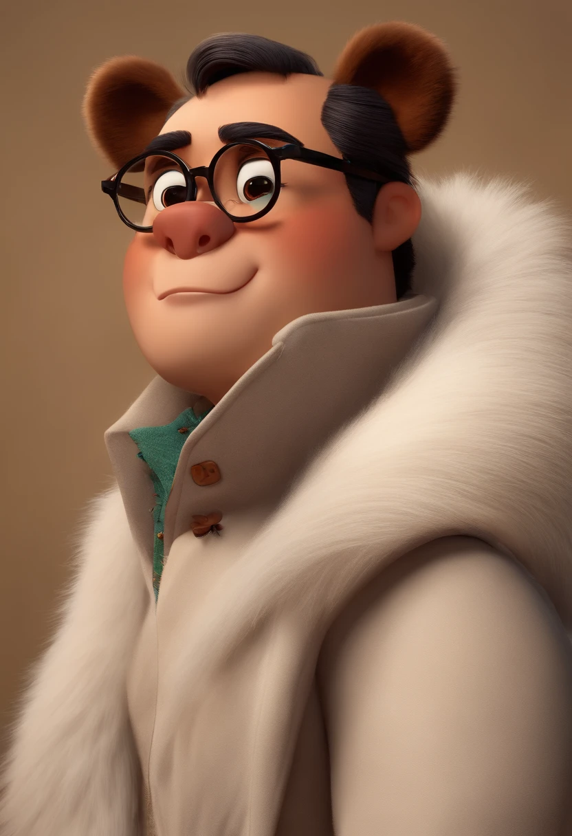 Menino estilo desenho animado, Pixar, wearing round glasses, segurando um urso de pelucia, roupa de escoteiro,