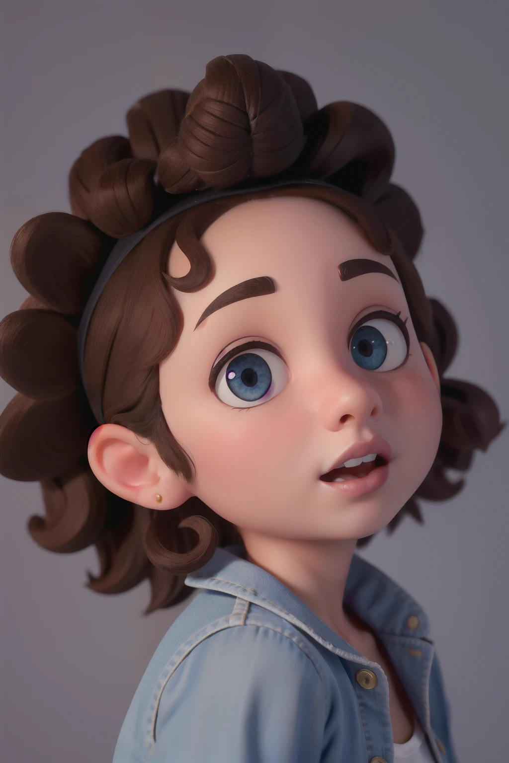 Menina morena do brasil, rosto fino, pouca bochecha, orelhas pequenas, Headband,  curly hair, camisa azul, One-piece jeans, cabelos cacheados beeautiful, beautiful face, olhos castanhos, cabelos castanhos cacheados, Beautiful, Romantic, looking at the camera, head shoot, retrato rosto delicado, sorrir, detalhes intrincados, 4k, high resolution, pixar imagem estilo dos desenhos animados, olhar profissional, boca fechada, olhos pequenos, queixo pontudo. fine lips. Olhar focado e profissional