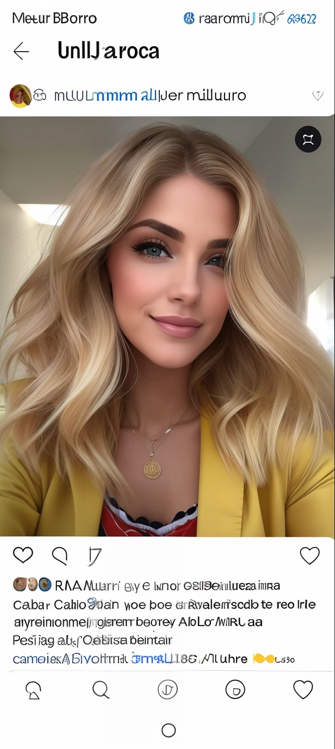 um pixar de uma mulher cabeleira, com uma jaqueta amarela e um colar,medium yellow blond hair, ombro - comprimento do cabelo loiro, arrebatando ombre cabelo loiro, close up de uma mulher loira, Blonde and attractive features, blonde medium hair, longos cabelos loiros ondulados, uma loira linda, inspirado em Jeanna bauck, mulher loira
