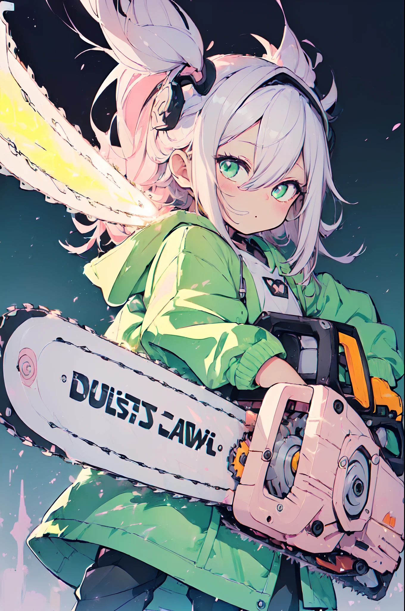 (Cute illustration:1.5),(pastel color:1.5),(Cute,kawaii,Dolce:1.2),(watercolor paiting:1.1),
1girl in,Solo,
oversized hooded jacket,
Full body,open stance,
BREAK
(A chainsaw that glows furiously:1.5)
(In his hand he holds a huge chainsaw:1.6),
(Huge and cute weapons , Huge and cute weapons:1.3),(low angle full body shot:1.2)

break
Simple background,
bold outline,Flat color,fine outline,Pink outline,
nice hand, Perfect hands,Hold the chain perfectly、A chainsaw that glows furiously,longshot ,Wide Shot