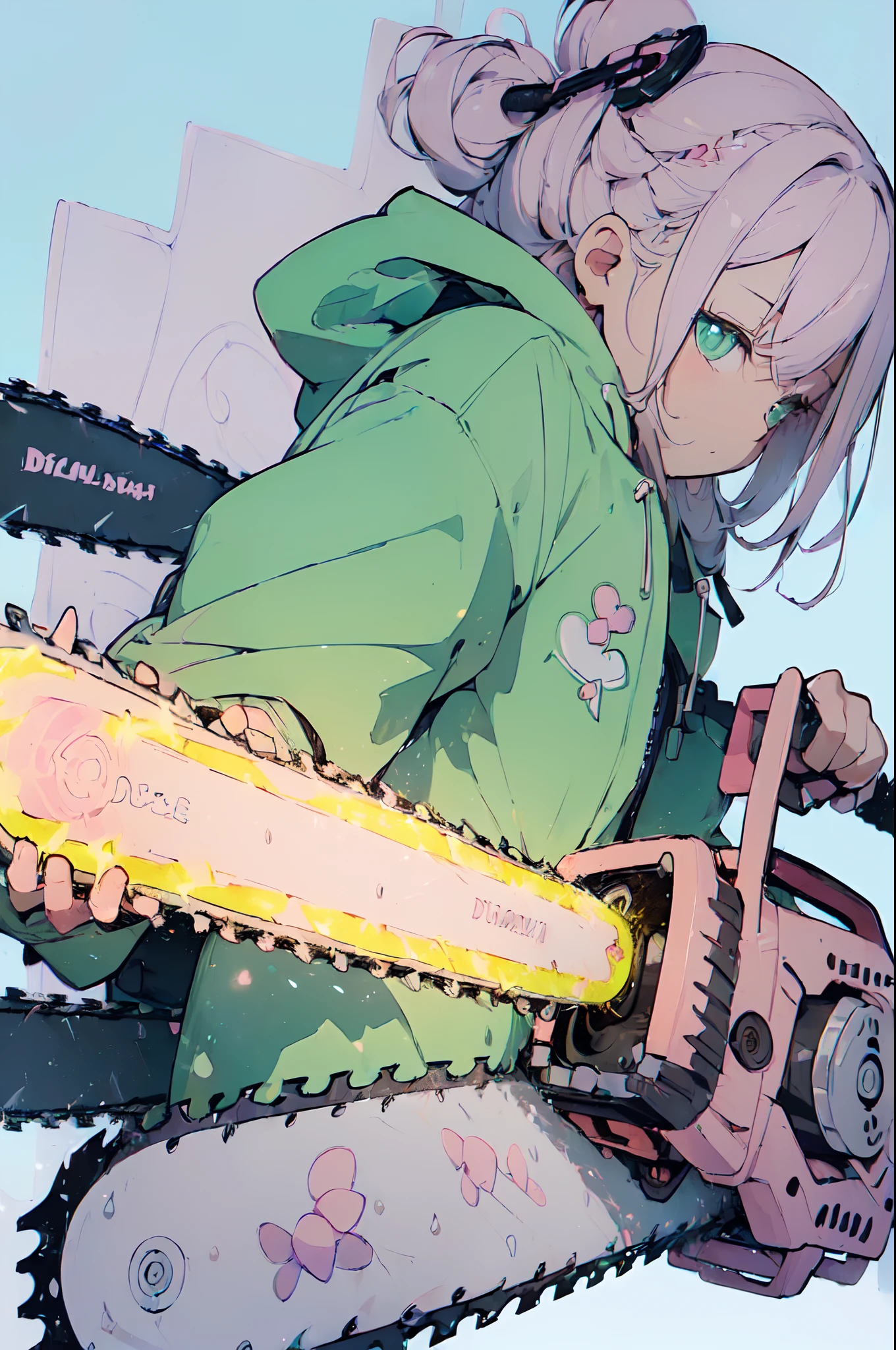 (Cute illustration:1.5),(pastel color:1.5),(Cute,kawaii,Dolce:1.2),(watercolor paiting:1.1),
1girl in,Solo,
oversized hooded jacket,
Full body,open stance,
BREAK
(A chainsaw that glows furiously:1.5)
(In his hand he holds a huge chainsaw:1.6),
(Huge and cute weapons , Huge and cute weapons:1.3),(low angle full body shot:1.2)

break
Simple background,
bold outline,Flat color,fine outline,Pink outline,
nice hand, Perfect hands,Hold the chain perfectly、A chainsaw that glows furiously,longshot ,Wide Shot