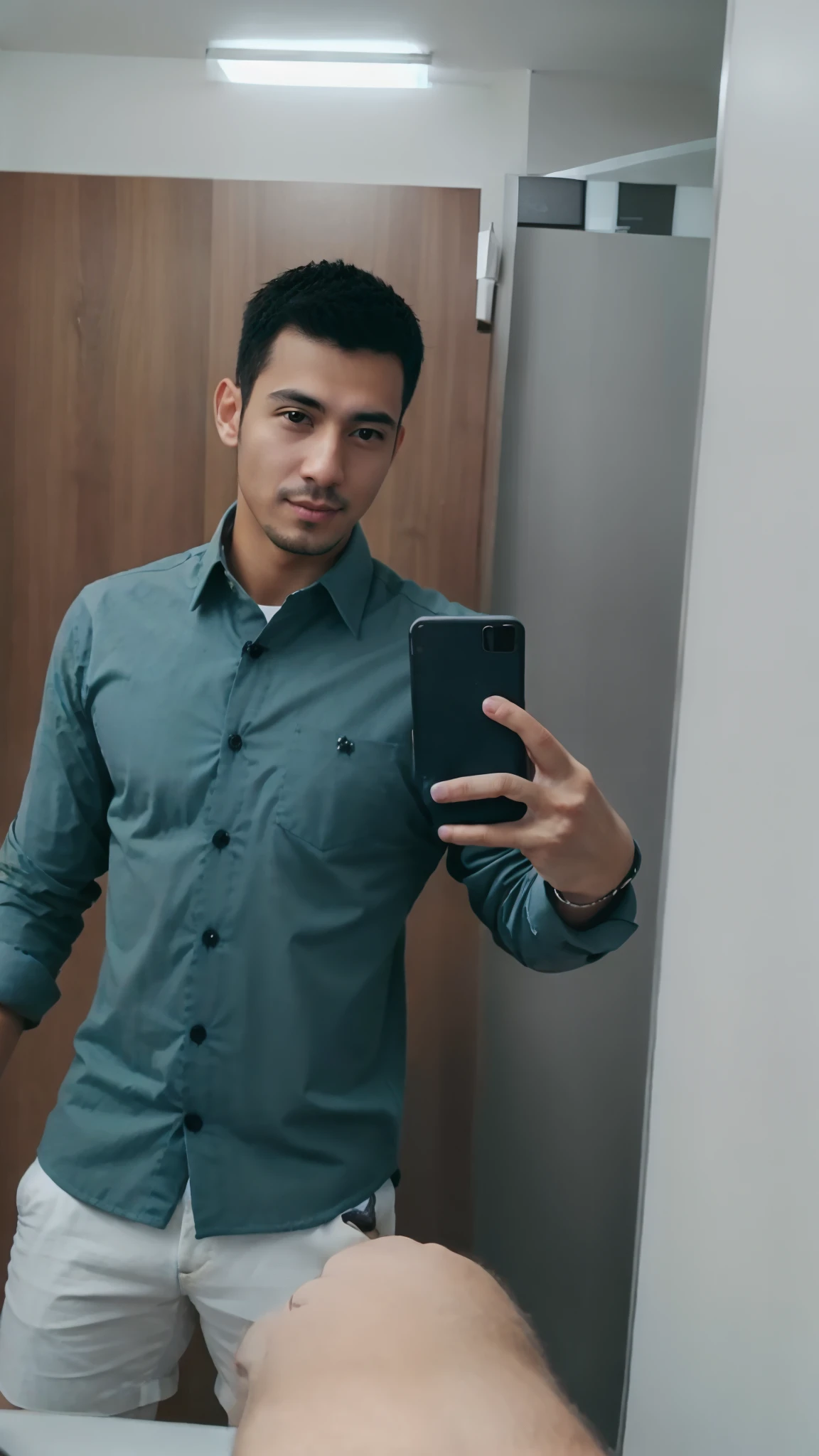 there is a man taking a selfie in a bathroom mirror, vestindo camisa, camisa verde, imagem de corpo inteiro, Mohamed Chahin, vestindo camisa apertada, vestindo uma camisa, imagem de qualidade muito baixa, Estilo Mohamed Chahin, camisa apertada, vestindo uma camisa azul clara, camisa cinza, vestindo uma camisa clara, em torno de 1 9 anos, selfie espelho