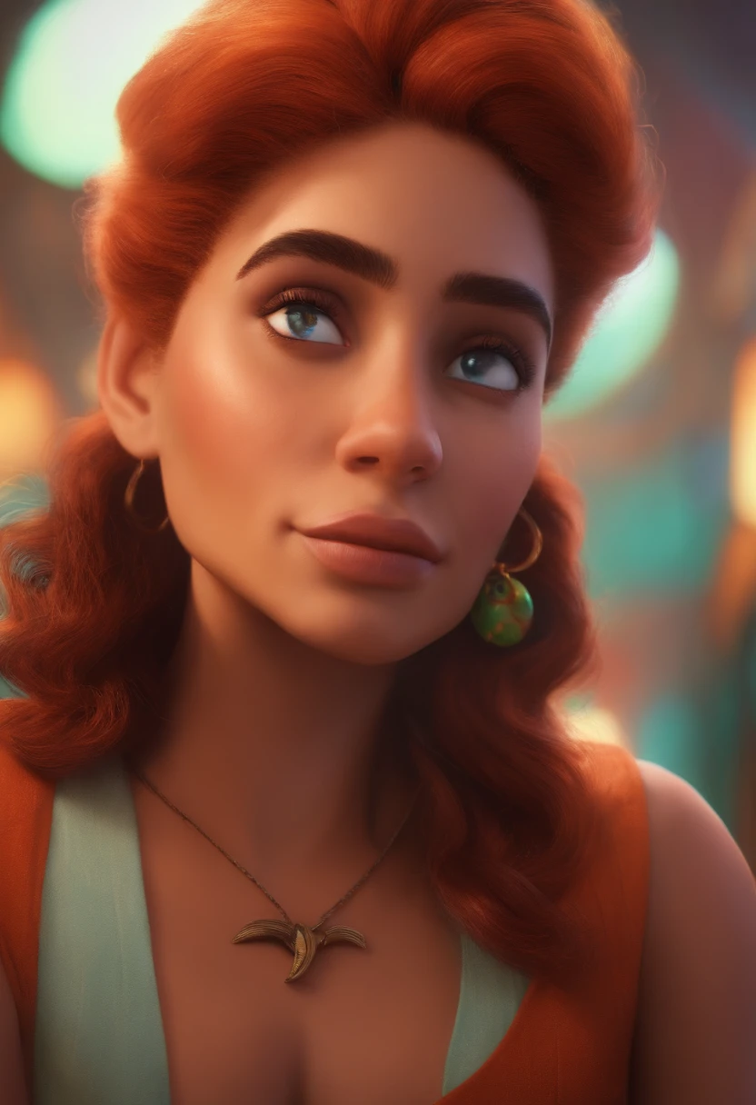 Girl, full body, 3d render, fotorealistic, red orange curly hair, very few freckles, green gray eyes, red almost crimson lips, small nose, black nose piercing, 1.73m tall, blue tight high jeans, naked torso, gothic choker, chain bra, no jacket