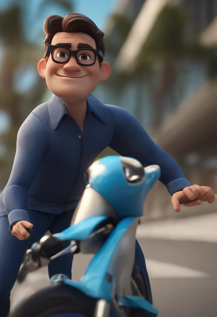 Cartoon character of a man wearing black glasses and a blue shirt, um personagem animado, Caractere estilizado, animation style rendering, 3D estilizado, Arnold Maya render, 3 d render stylized, toon render keyshot, Personagem 3D, Personagem 3D, 3d rendering stylized, 3 d character render, personagem de desenho animado, Personagem de close up, Pose de personagem, (Estilo Pixar) (master part:1.2) (Bokeh) (best quality) (pele detalhada) (textura detalhada) (8k) (argila) (Cinematic lighting) (foco nítido,Senta e vaza a parte superior do corpo ao fundo o autodromo de interlagos