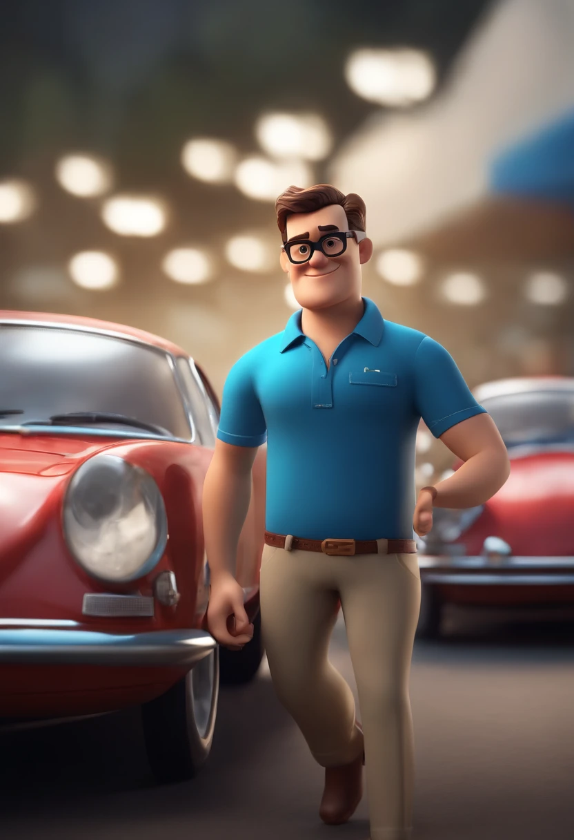 Cartoon character of a man wearing black glasses and a blue shirt, um personagem animado, Caractere estilizado, animation style rendering, 3D estilizado, Arnold Maya render, 3 d render stylized, toon render keyshot, Personagem 3D, Personagem 3D, 3d rendering stylized, 3 d character render, personagem de desenho animado, Personagem de close up, Pose de personagem, (Estilo Pixar) (master part:1.2) (Bokeh) (best quality) (pele detalhada) (textura detalhada) (8k) (argila) (Cinematic lighting) (foco nítido,Senta e vaza a parte superior do corpo ao fundo o autodromo de interlagos