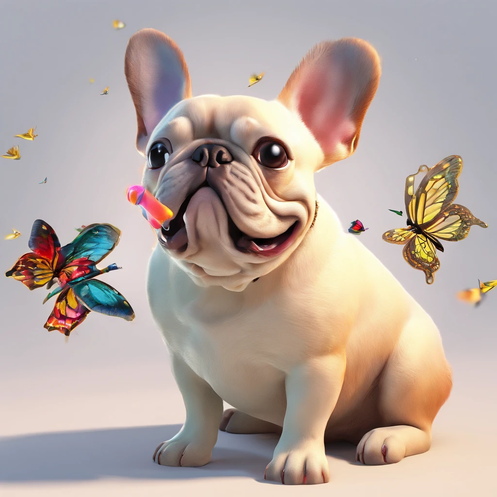 (best quality,4k,Altas,master part:1.2),retrato de Franzi e sua fiel companheira Molly,The cream-colored French Bulldog Lying in the garden,com um sorriso feliz,usando um vestido floral vibrante,segurando suavemente um girassol, Surrounded by colorful butterflies and chirping birds,raios de sol cintilantes iluminando a cena,em um estilo extravagante da Disney Pixar