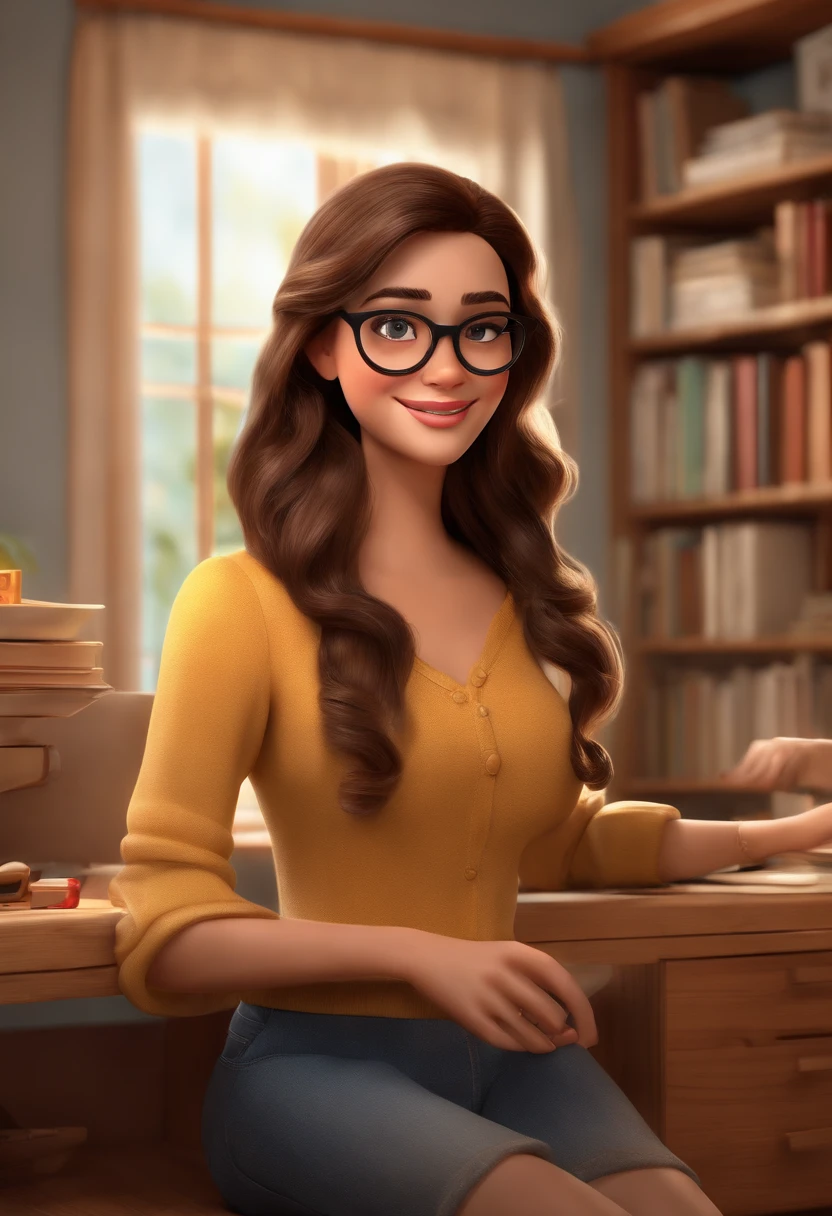 "(best quality, ultra-detailed, realistic: 1.37), 3d rendering, illustration, character design, straight brown hair, beautiful detailed eyes, wearing glasses, Pixar style, brunette woman, tidying up her room Disney style, lively atmosphere ,vivid colors,cheerful expression"