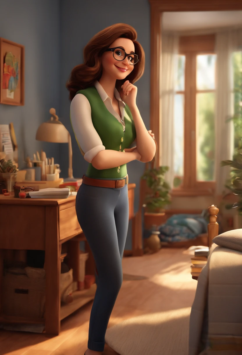 "(best quality, ultra-detailed, realistic: 1.37), 3d rendering, illustration, character design, straight brown hair, beautiful detailed eyes, wearing glasses, Pixar style, brunette woman, tidying up her room Disney style, lively atmosphere ,vivid colors,cheerful expression"