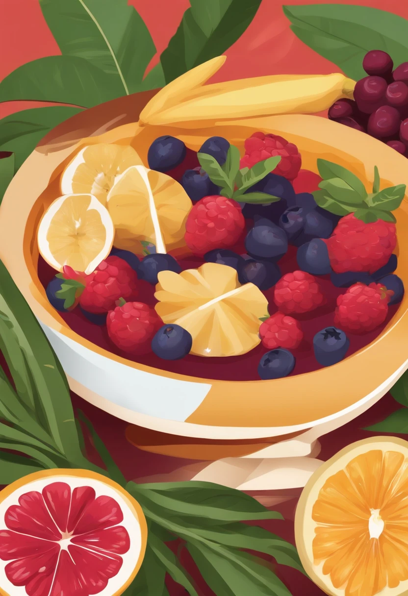 Create a vibrant digital illustration of a traditional Pará scene focusing on a bowl of açaí, A popular dish from the northern region of Brazil. The illustration must have a semi-realistic or 3D style. Highly creamy acai berry. Envolva o ambiente com uma variedade de frutas, banana, morango, farinha, Granola. Capture the vibrant colors and textures of items
