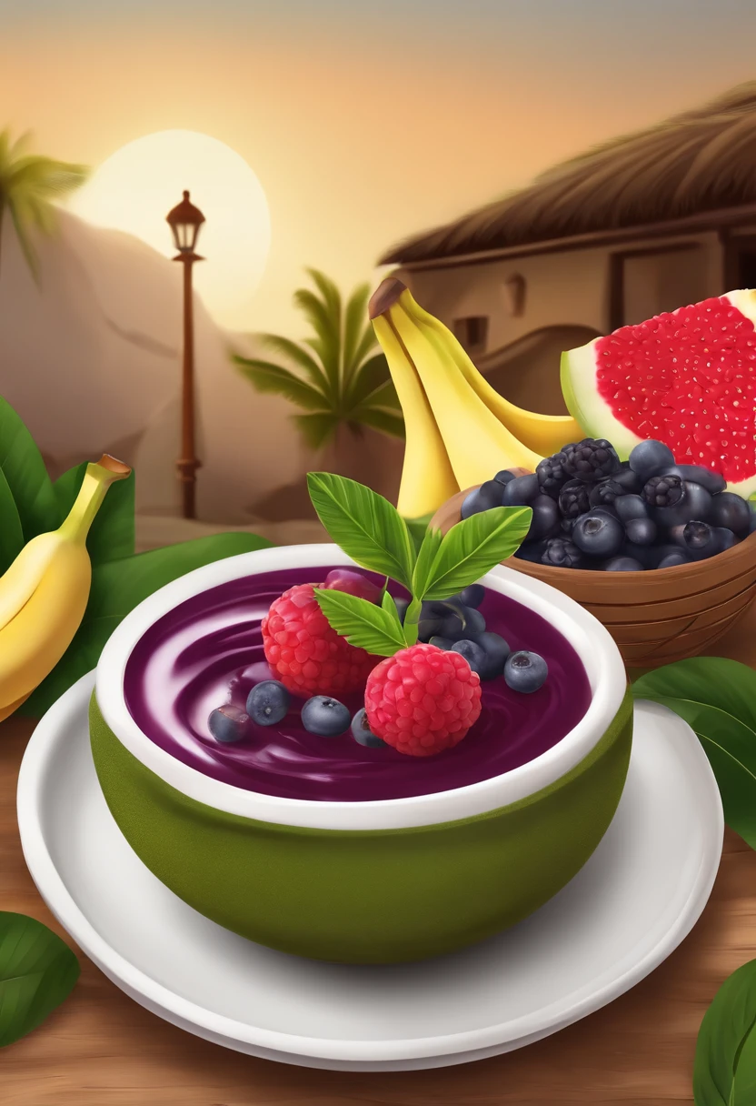Create a vibrant digital illustration of a traditional Pará scene focusing on a bowl of açaí, A popular dish from the northern region of Brazil. The illustration must have a semi-realistic or 3D style. Highly creamy acai berry. Envolva o ambiente com uma variedade de frutas, banana, morango, farinha, Granola. Capture the vibrant colors and textures of items