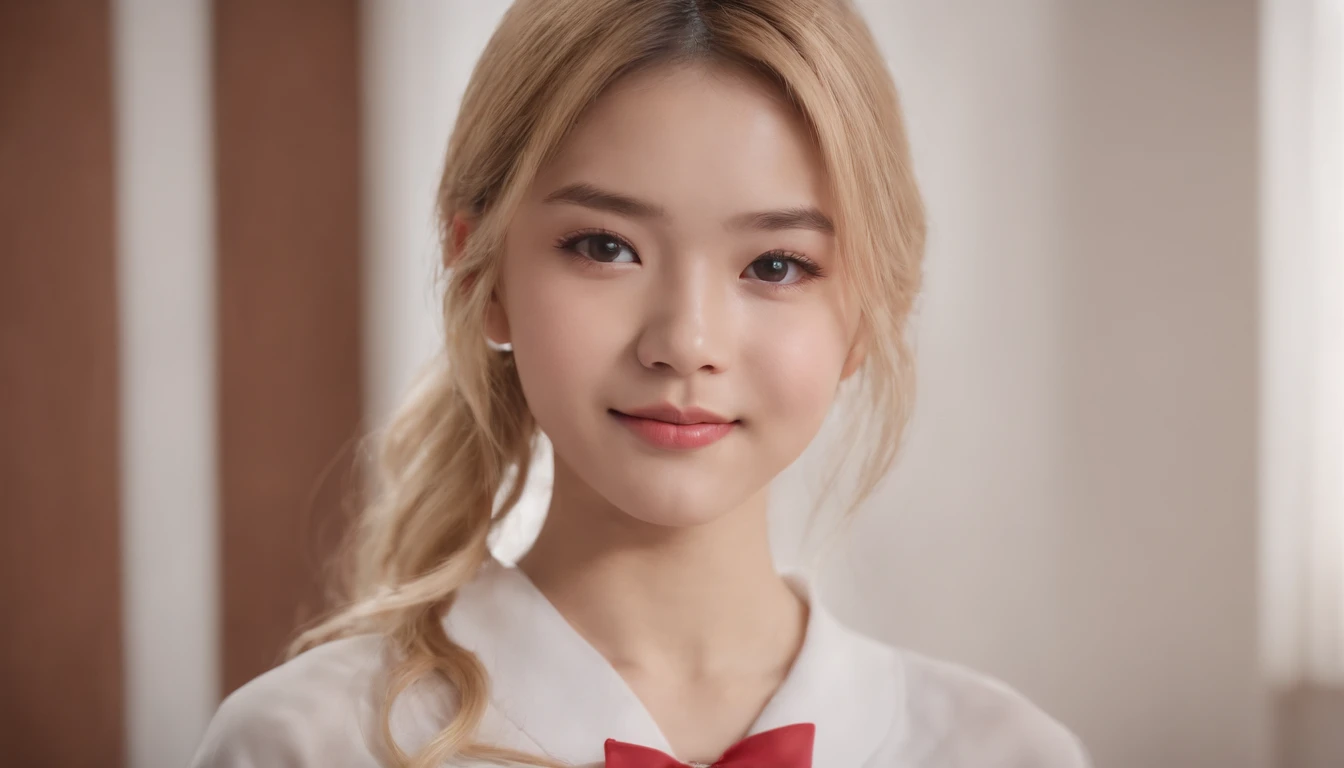18-year-old woman,Asian,looking a viewer, slight smile, Cheerleader Uniform, Bedroom in the house, taking selfies, only head, blond hair,