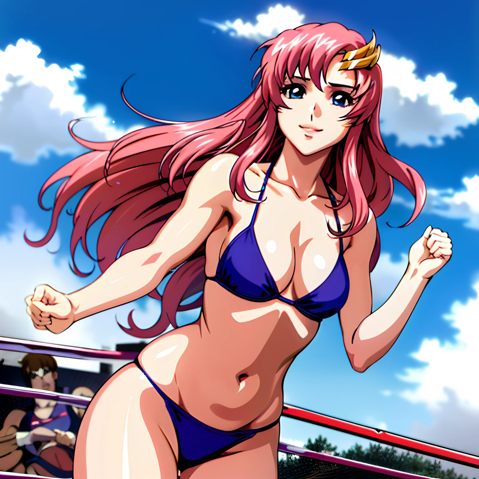 (masterpiece, far view, 4K, Best Quality, Anime style: 1.9,, Adult Woman, ultra detailed face, (cloud background, wrestling), Drawing lines, high resolution, Anime, lacus4), 1girl, Solo, curvy figure, Long hair, 鎖骨, scapular, (Detailed wide hair bangs, Hair Ornament, Detailed reddish-pink hair, golden crest), cleavage, large hands, (female wrestler). (Big blue eyes, shiny eyes), ((female wrestler, little biceps, slender body, broad shoulders, closed fists)), ((perfect proportions, medium breasts, long belly)), (((micro bikini, pink wrestling gear, champion))), happy, smile, , (belly dancing, looking at the viewer), , showing off underarm, (elegant lady), microphone,