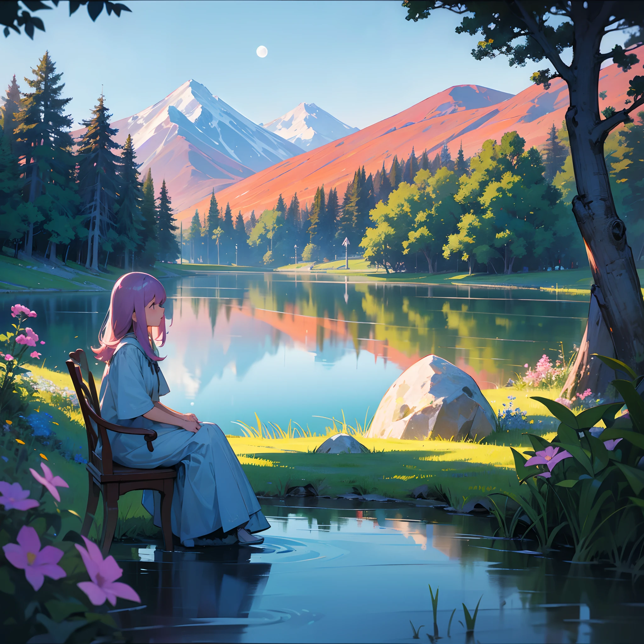 “Please create a realistic painting depicting a woman sitting on a chair in a beautiful, stunning setting. Her hair is short and mauve, but not exactly mauve, and her clothing is close to the hair color. The setting should be surrounded by natural beauty, such as a green garden with colorful trees and flowers. "There could be a view of a wonderful natural landscape, such as a quiet lake or mountains in the background. The moon could be bright, illuminating the place beautiful