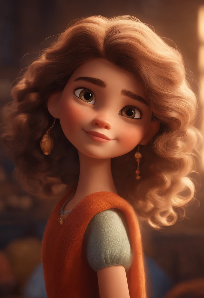 Image of a girl for a story in a YouTube video in Pixar format, She's the little alabaster, She's the leader of the class, She's outgoing, Brincalhona e levanta-se para um monte de coisas, cabelo longo