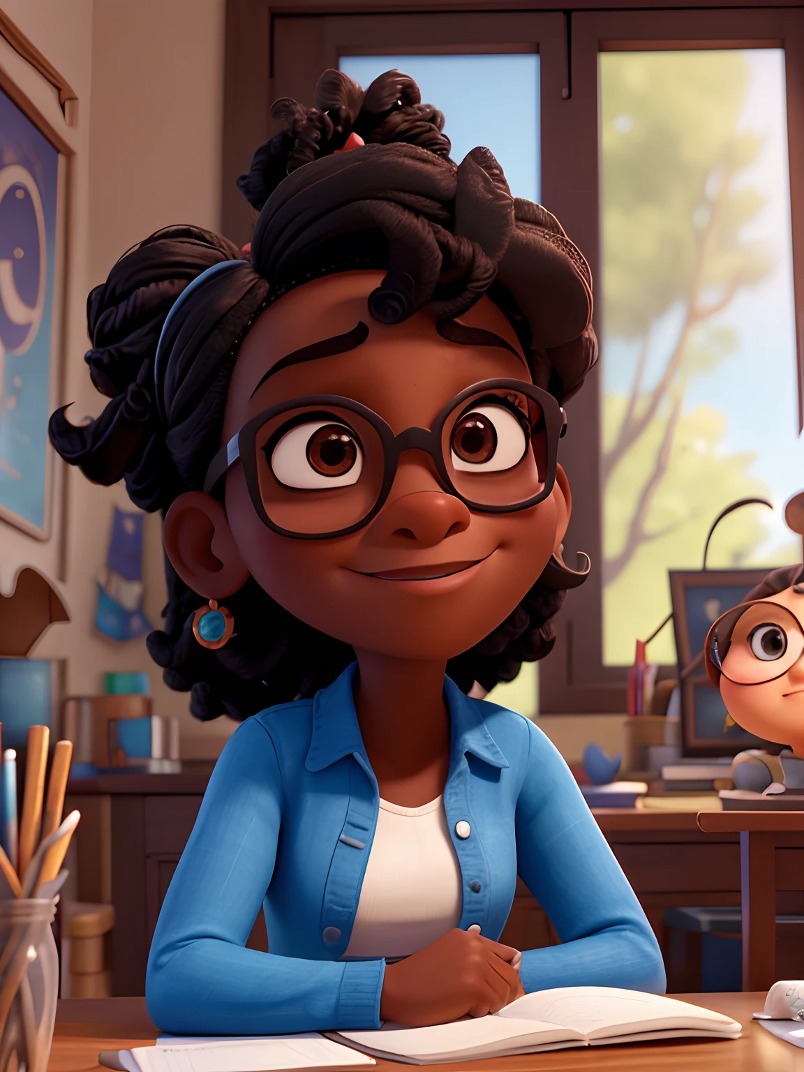 Mulher 38 anos, inspirado na Disney Pixar, Uma mulher negra clara usando oculos marrom, cabelo castanho ondulado, pele clara, sentada em sala de estudos, sobre a mesa livro, serious look, cenario fundo quadro escrever