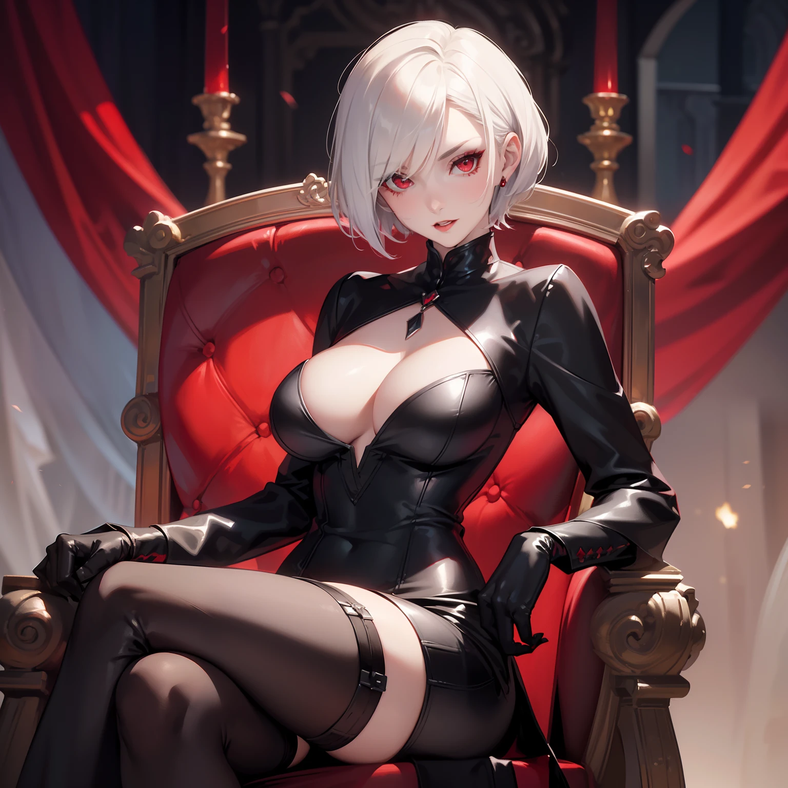 (((Solo))) Vampire woman with short white hair, (red eyes), ((wearing a black dress)), stockings, wearing a red necklace, character is wearing gloves, (mature woman Anna), large chest, curvy hips, long legs, detailed eyes, ((sitting)), on a throne