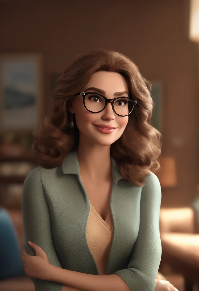 "(best quality, ultra-detalhado, Realistic: 1.37), 3D rendering, illustration, design de personagens, cabelo castanho liso, belos olhos detalhados, wearing glasses, Estilo Pixar, mulher morena, arrumando seu quarto estilo Disney, atmosfera animada ,vivid colors,expression joyful"