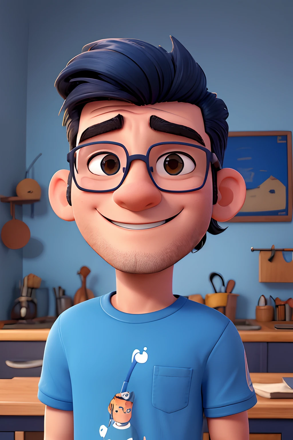 quero um desenho de um homem de 30 anos sorrindo, moreno, cabelo curto, blue glasses, camiseta, Black-haired and sunglasses