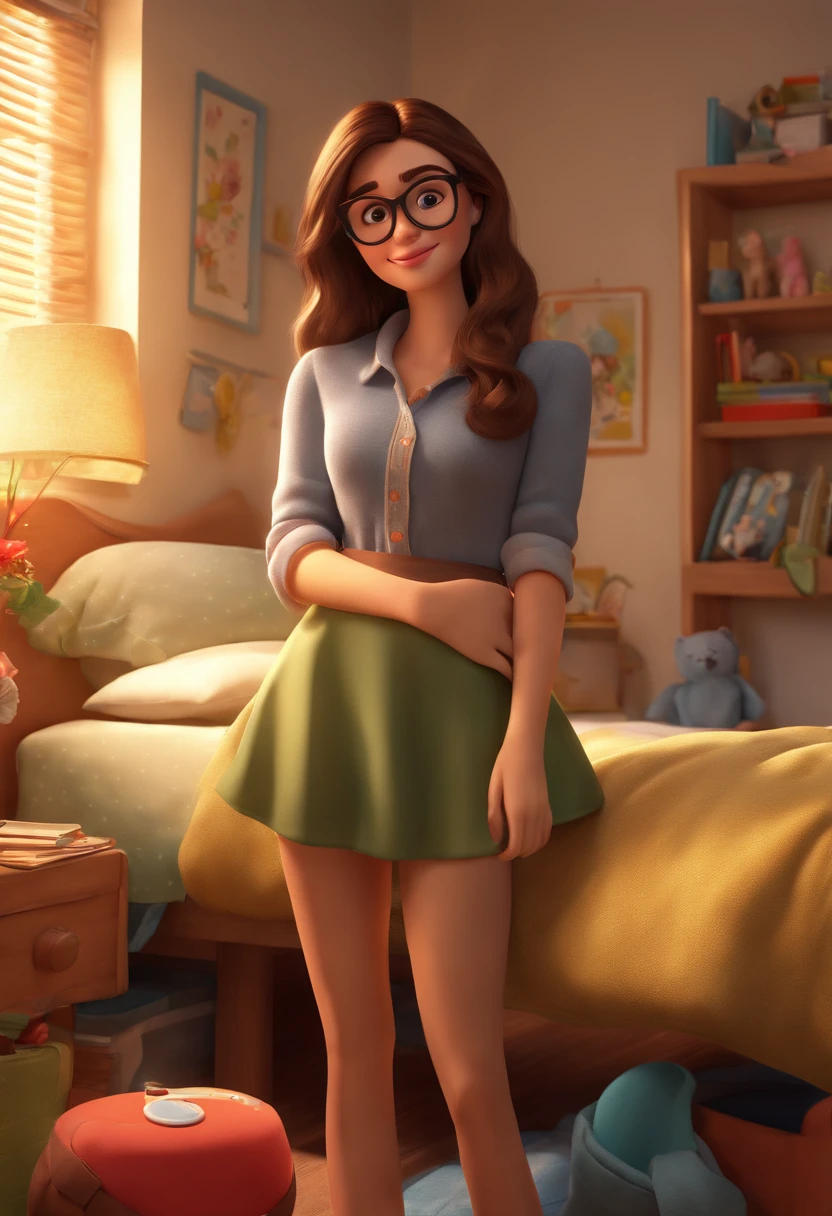 "(best quality, ultra-detailed, realistic: 1.37), 3d rendering, illustration, character design, straight brown hair, beautiful detailed eyes, wearing glasses, Pixar style, brunette woman, tidying up her room holding clothes hugging, style Disney,lively atmosphere,vivid colors,cheerful expression"