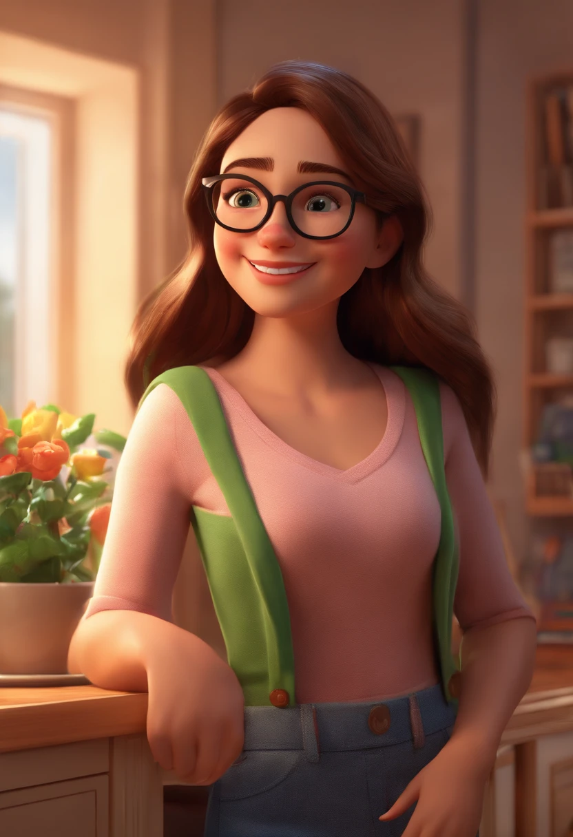 "(best quality, ultra-detailed, realistic: 1.37), 3d rendering, illustration, character design, straight brown hair, beautiful detailed eyes, wearing glasses, Pixar style, brunette woman, tidying up her room holding clothes hugging, style Disney,lively atmosphere,vivid colors,cheerful expression"