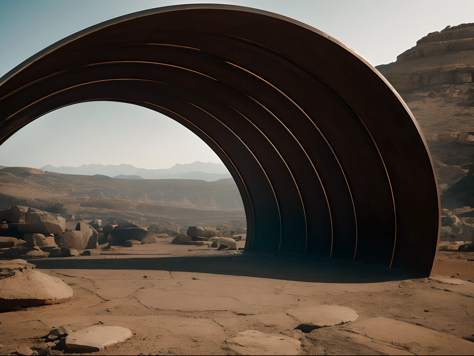 Diagonal shot, cinematic shot of a gigantic circular metal object inside a mountainous and rocky desert, biblical events aesthetic, pilgrimage, voluminous mass, raw effect