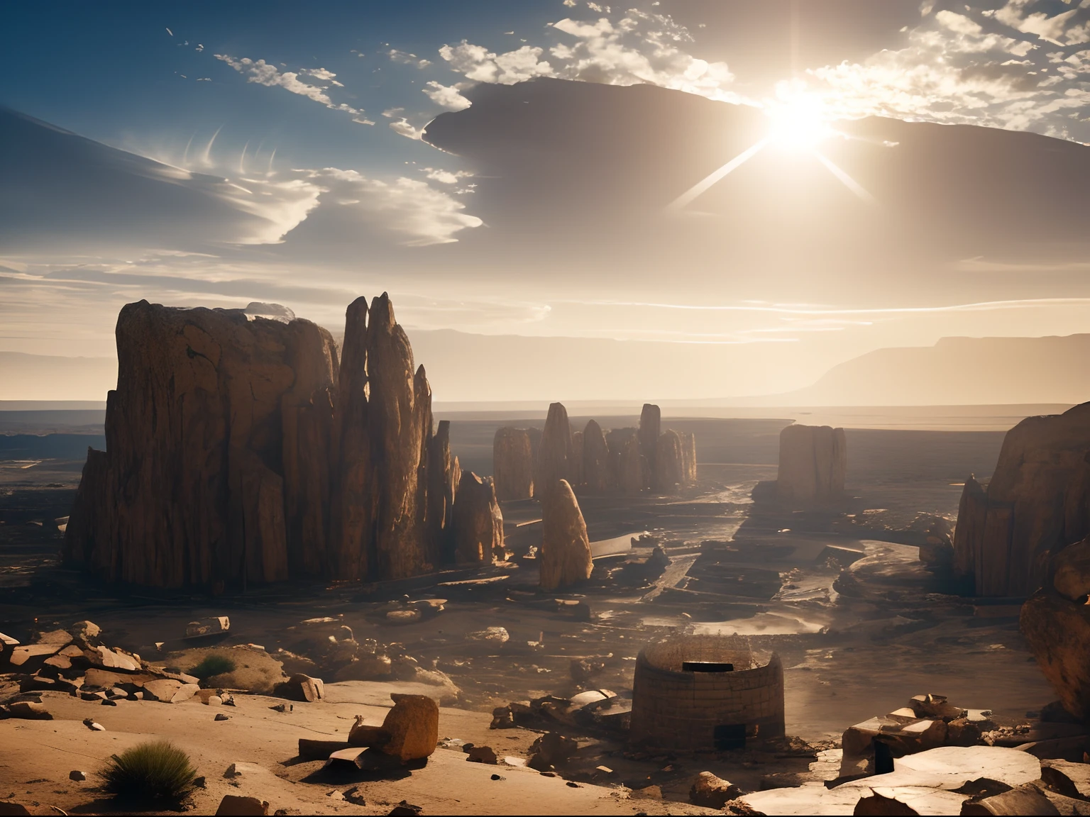 Diagonal shot, cinematic shot of a gigantic circular metal object inside a mountainous and rocky desert, biblical events aesthetic, pilgrimage, voluminous mass, raw effect