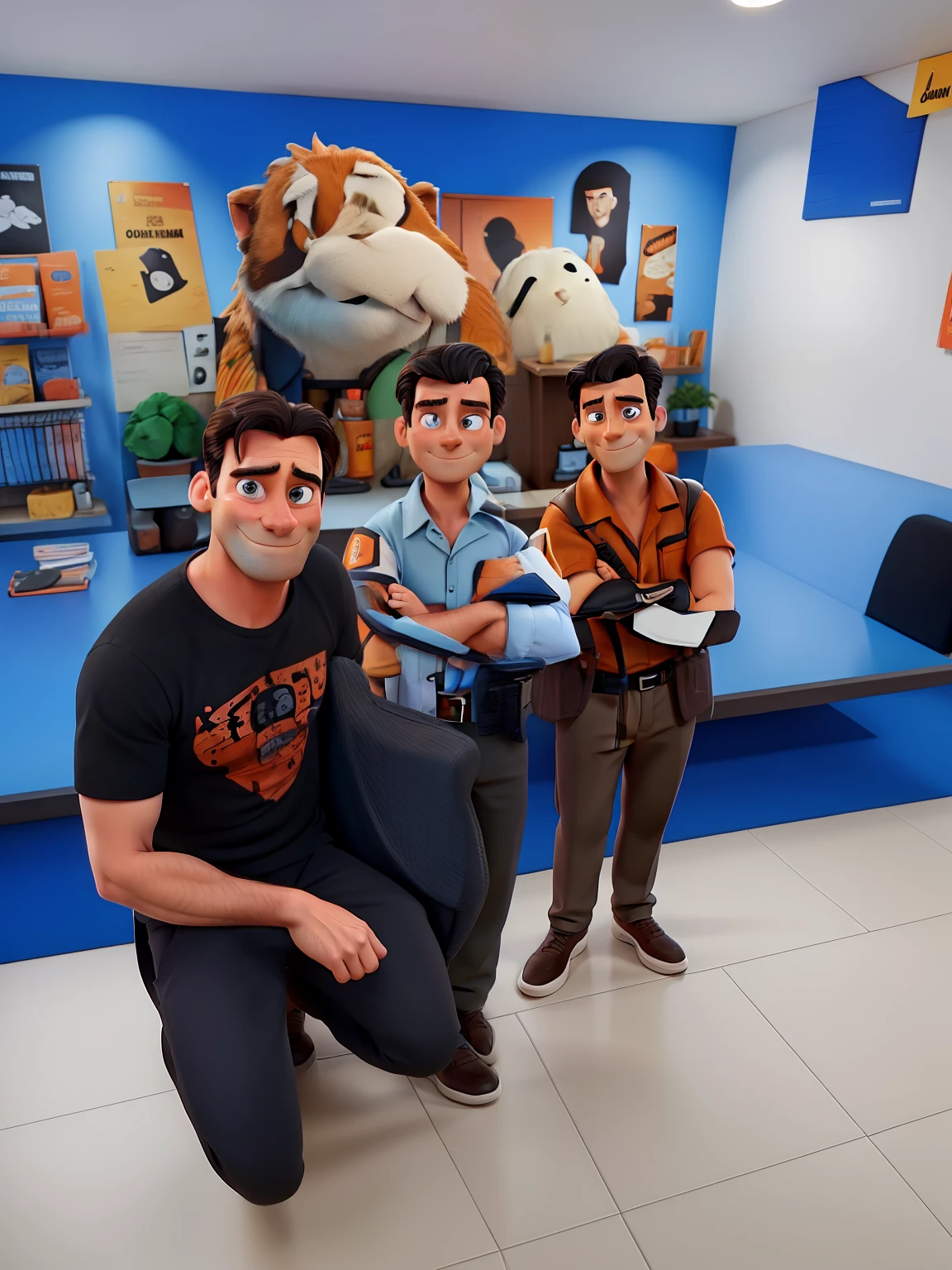Jon Hamm, Cartoons in orange shirt and black pants, arms crossed, olhando para frente e sorrindo com os dentes aparecendo;