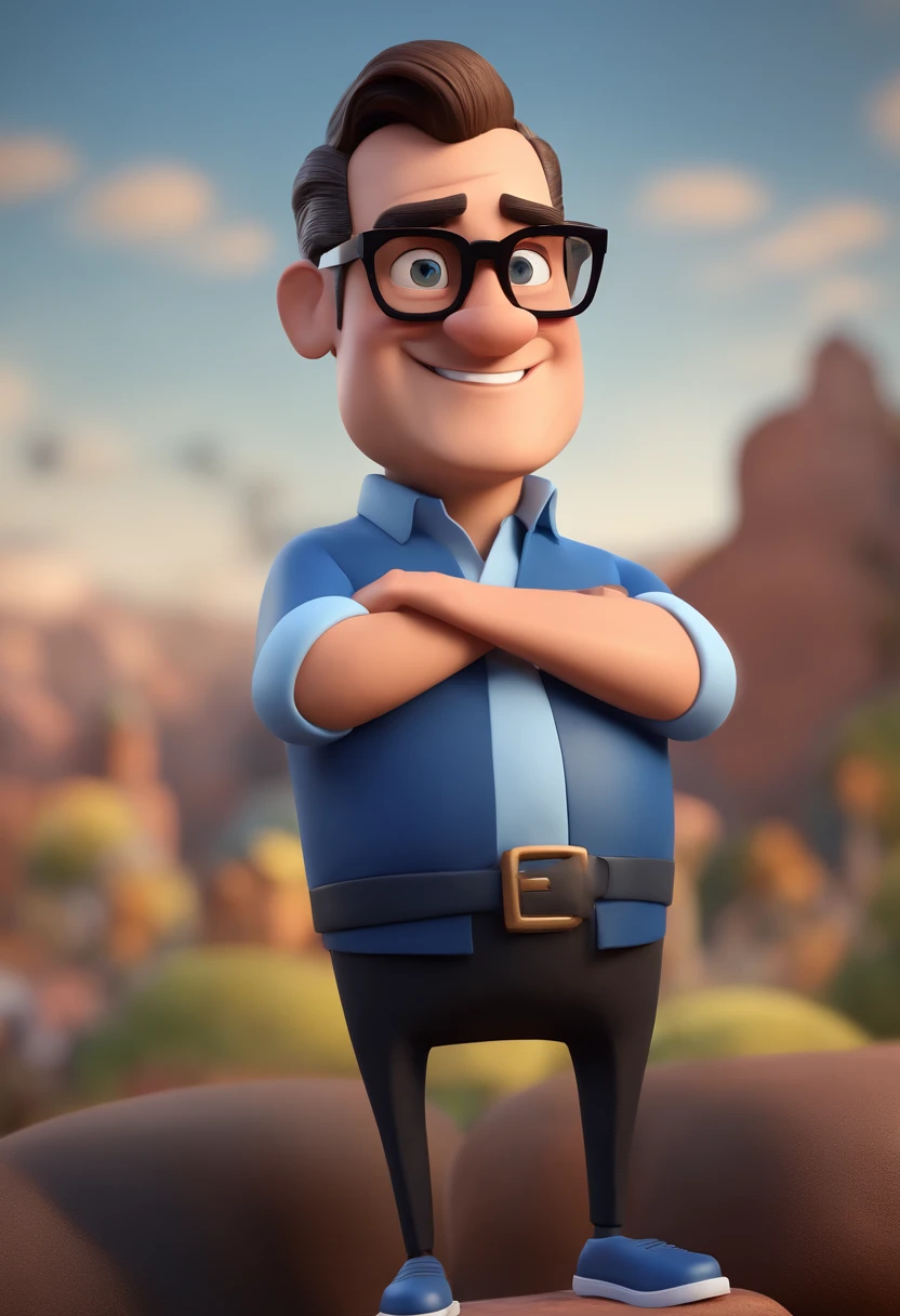Cartoon character of a man with black glasses and a blue shirt, animation character, Caractere estilizado, animation style rendering, 3D estilizado, Arnold Maya render, 3 d render stylized, toon render keyshot, Personagem 3D, Personagem 3D, 3d rendering stylized, 3 d character render, personagem de desenho animado, Personagem de close up, Pose de personagem, (Estilo Pixar) (master part:1.2) (Bokeh) (best quality) (pele detalhada) (textura detalhada) (8k) (argila) (Cinematic lighting) (foco nítido