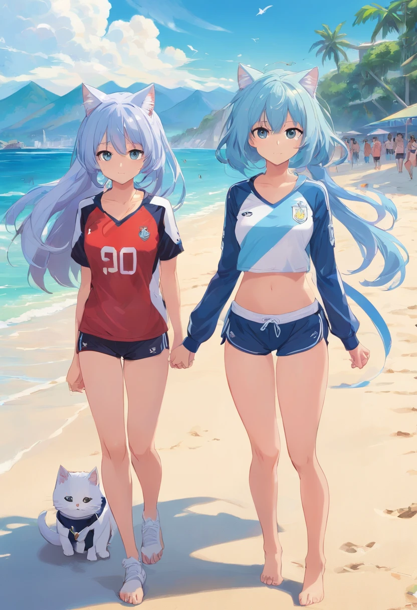 Beach. Two Cat womans Argentina soccer t-shirts, Argentina flags painted on their faces,Both number 10, String thong, on their back. Light blue hair, White hair. Medium tits and Very Big Tits. Long Hair. Very big round butts, One guy, Black hair, In middle of both girls